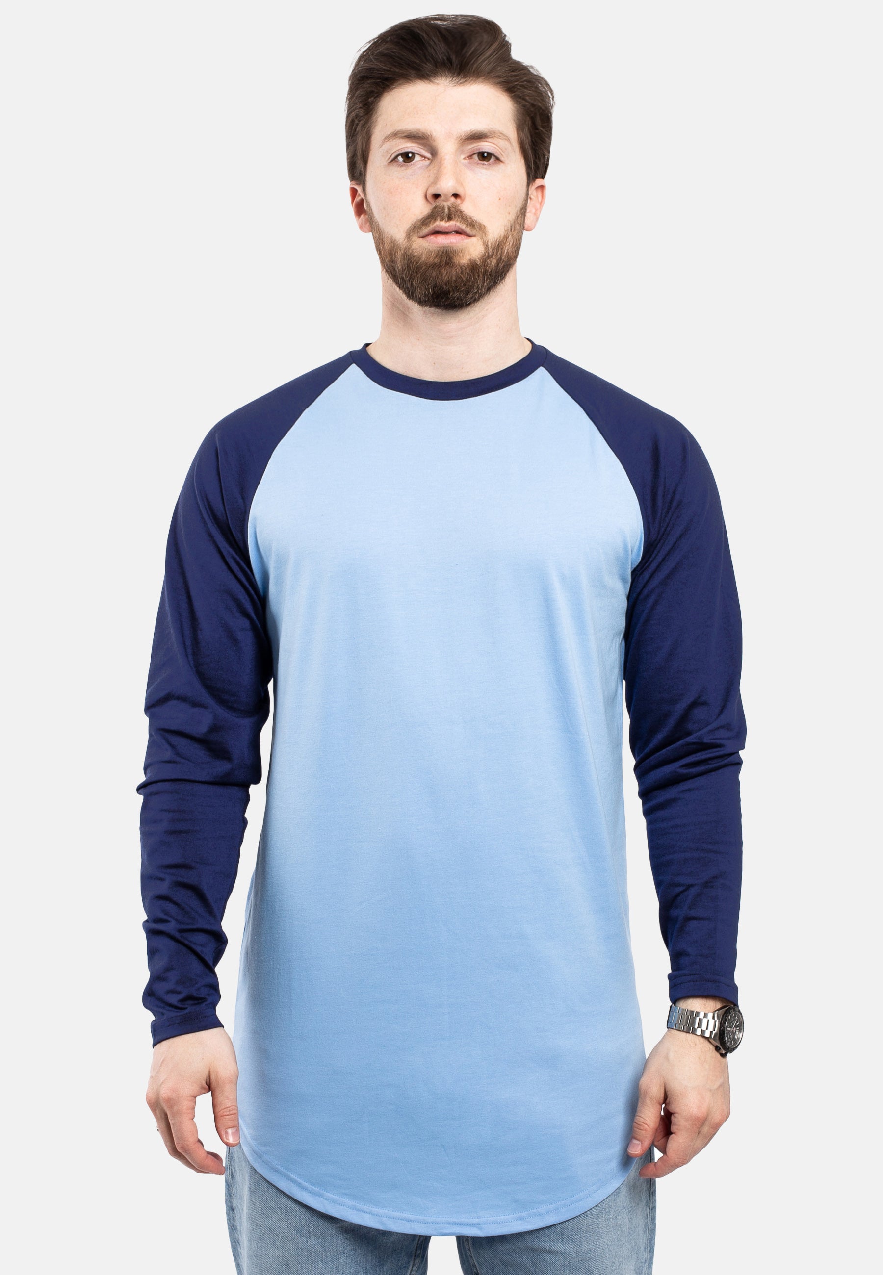 long sleeve baseball dress Longline Baseball T-Shirt Sky Blue-Navy Blue