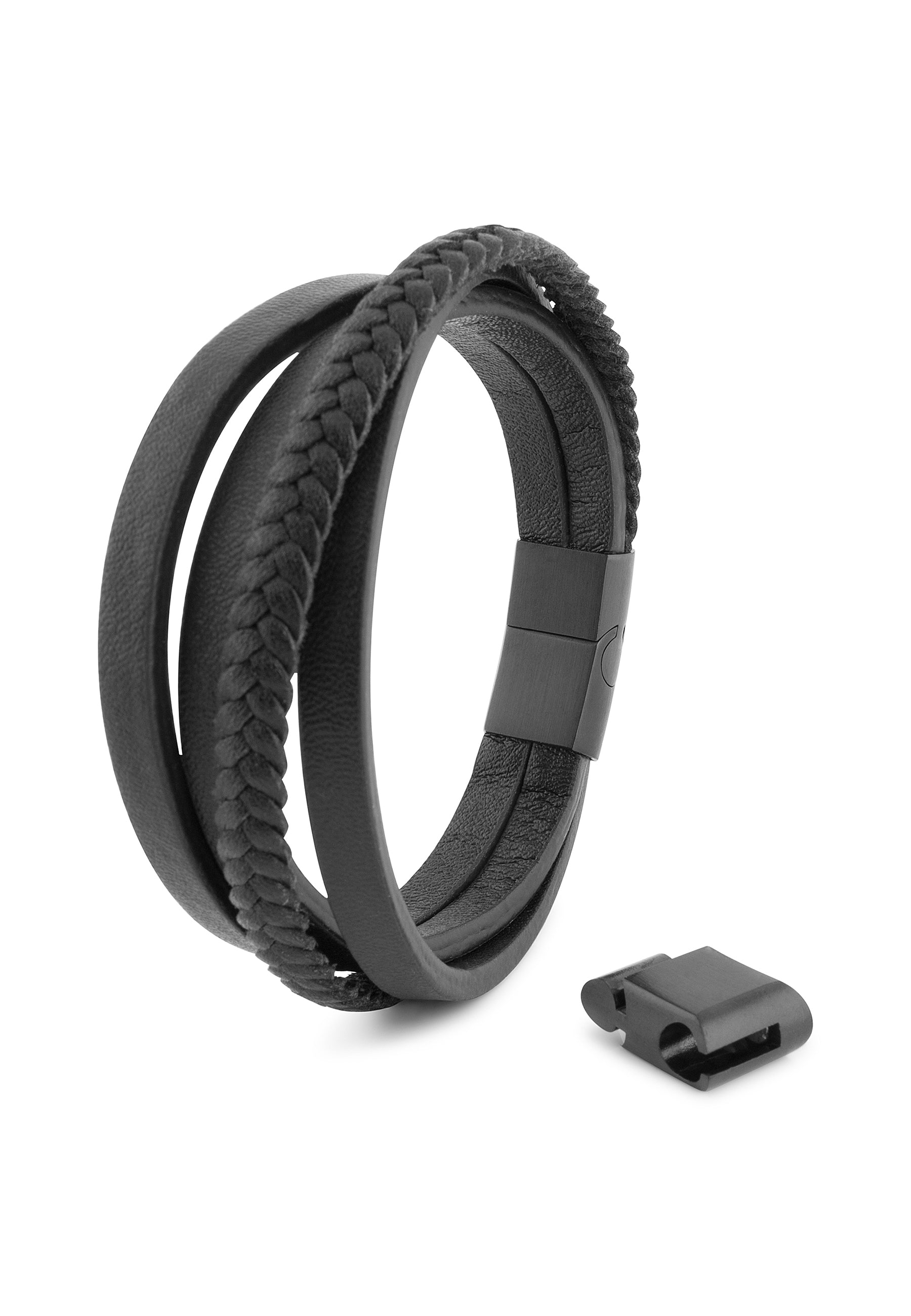 AK-B-PAT-01-Akitsune-Pathfinder-Synthetic-Leather-Bracelet-Matte-Black-Black-Front