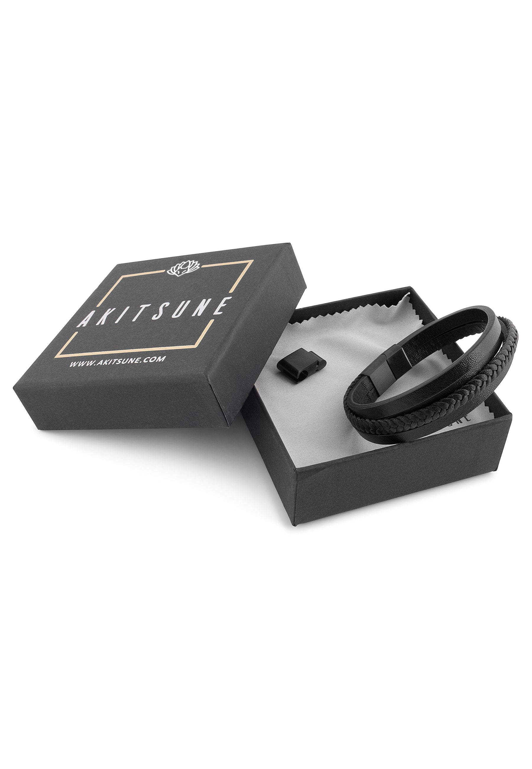 AK-B-PAT-01-Akitsune-Pathfinder-Synthetic-Leather-Bracelet-Matte-Black-Black-Packaging