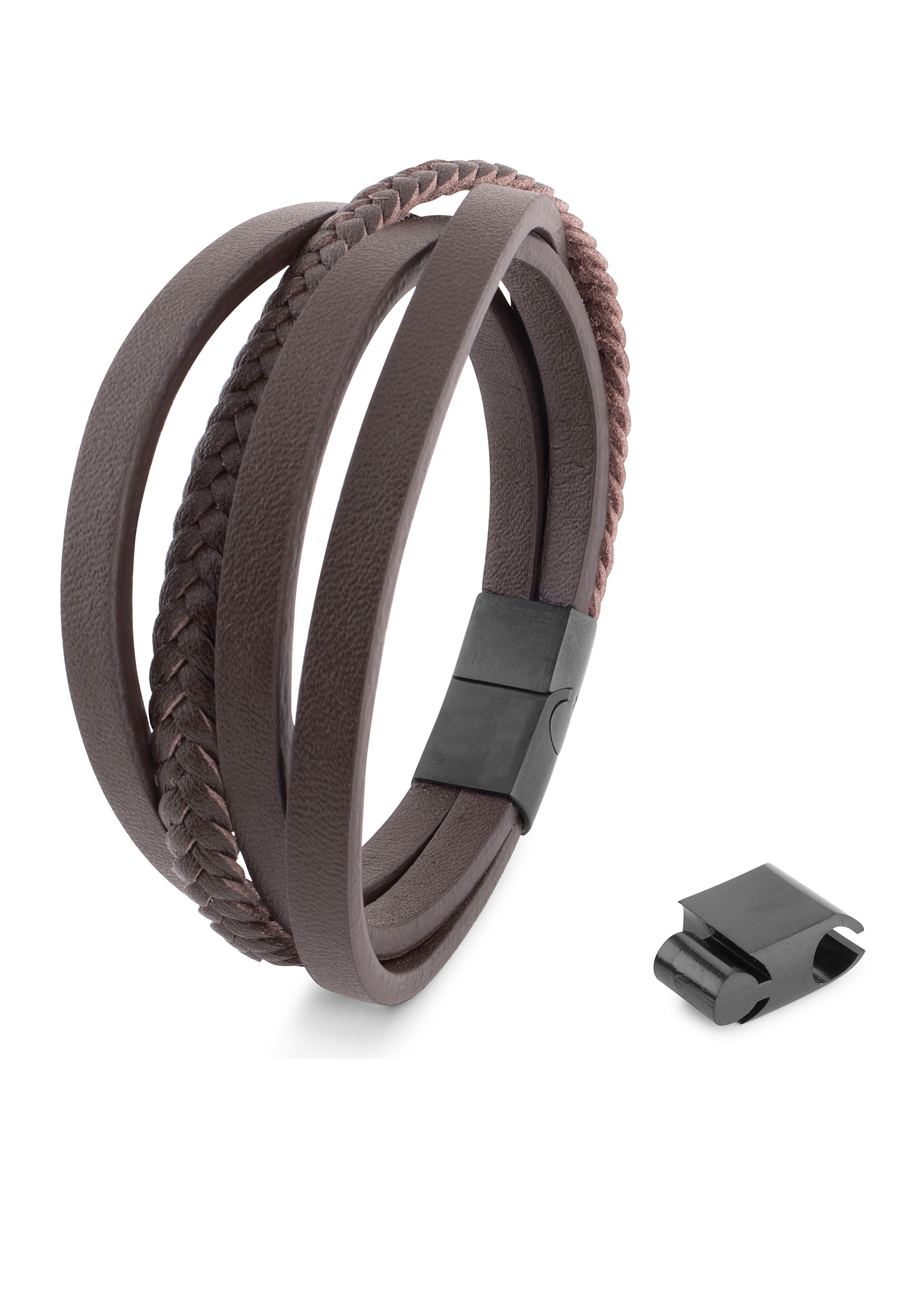 AK-B-PAT-02-Akitsune-Pathfinder-Synthetic-Leather-Bracelet-Matte-Black-Brown-Front