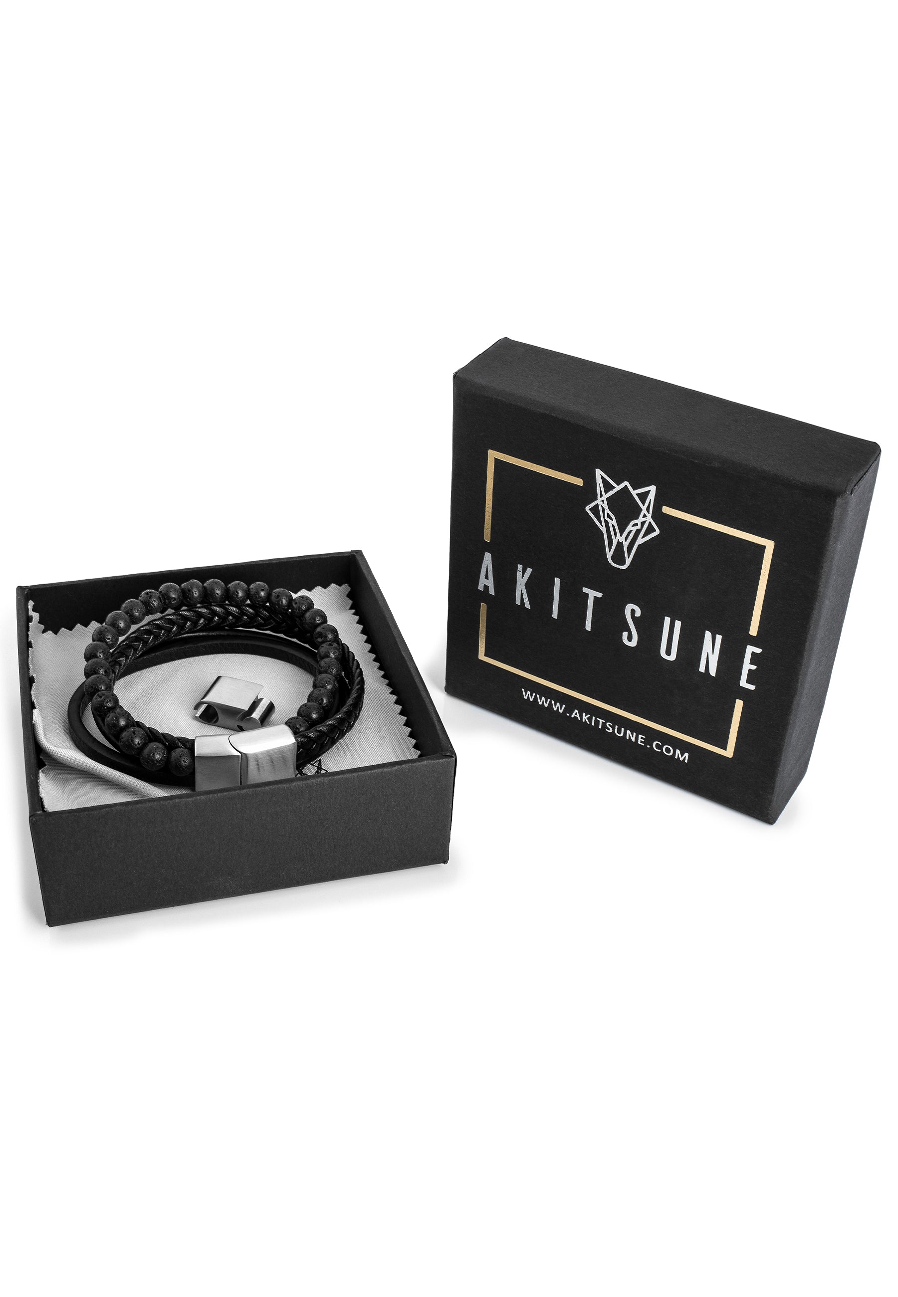Akitsune-Bellum-Leather-Bracelet-Silver-Black-Packaging