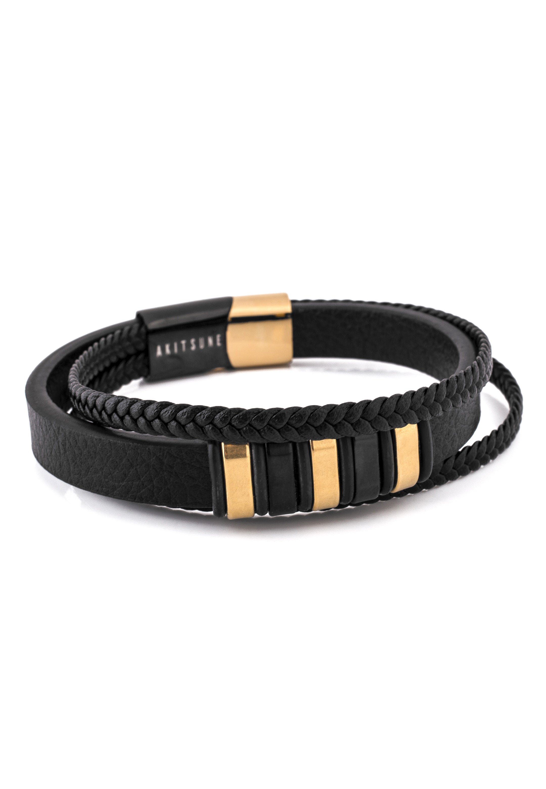 Akitsune-Fabula-Leather-Bracelet-Black-Gold-Mens-2
