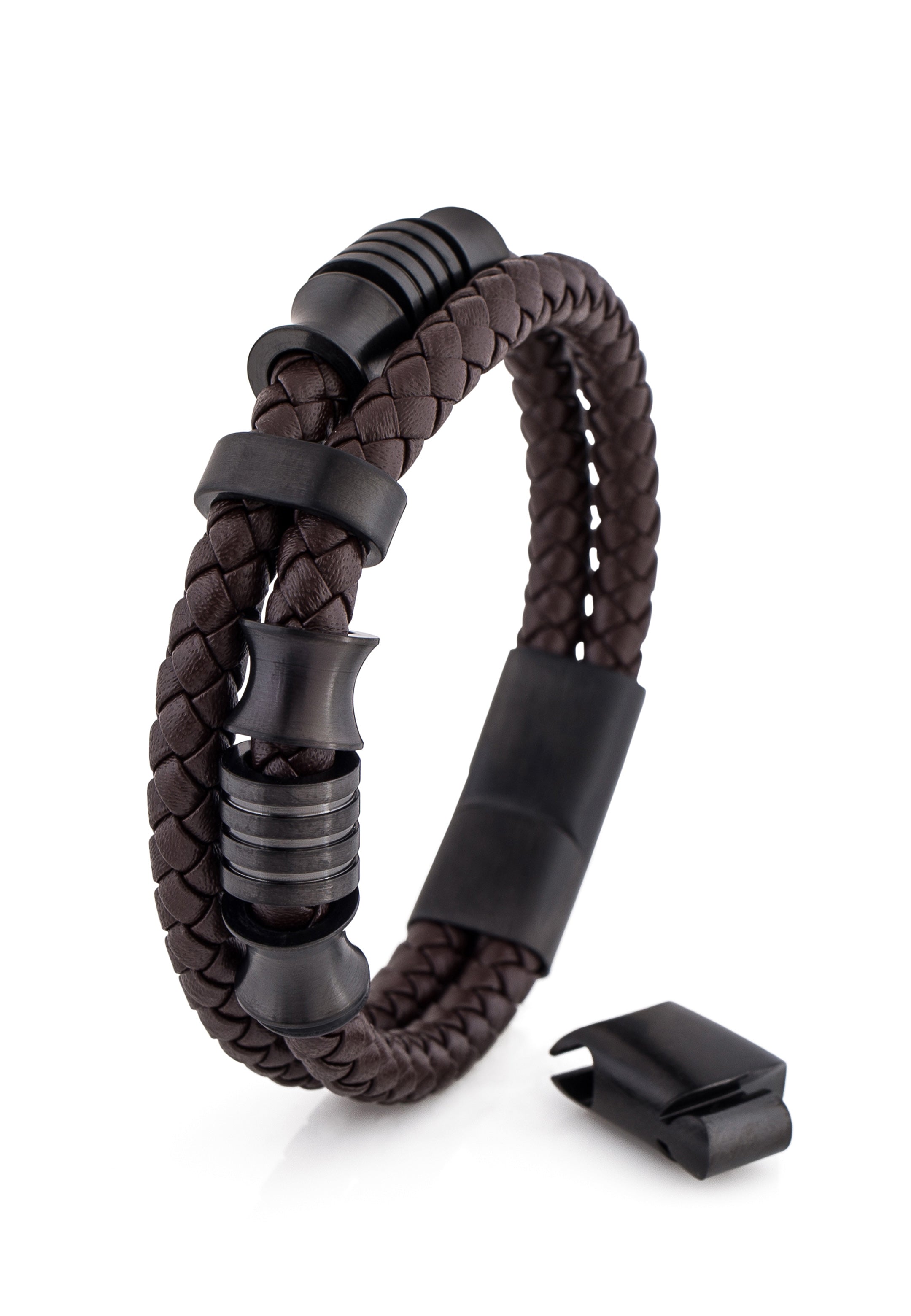 Akitsune-Gracilitas-Leather-Bracelet-Matte-Black-Brown-Open-Magnetic