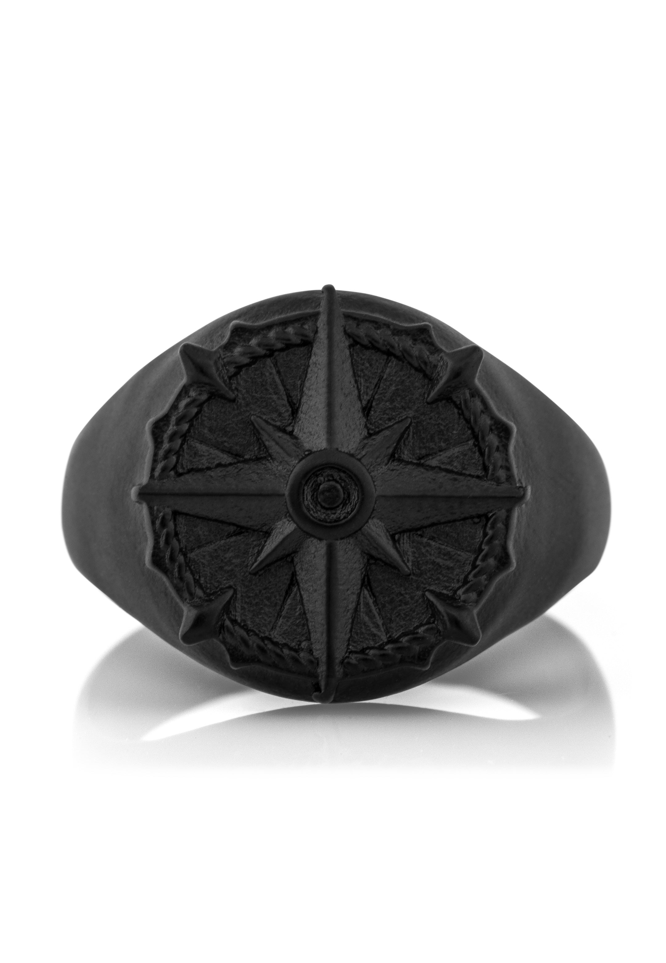 Akitsune-Guidance-Compass-Ring-Matte-Black-Nautical-Sea-Map-Front