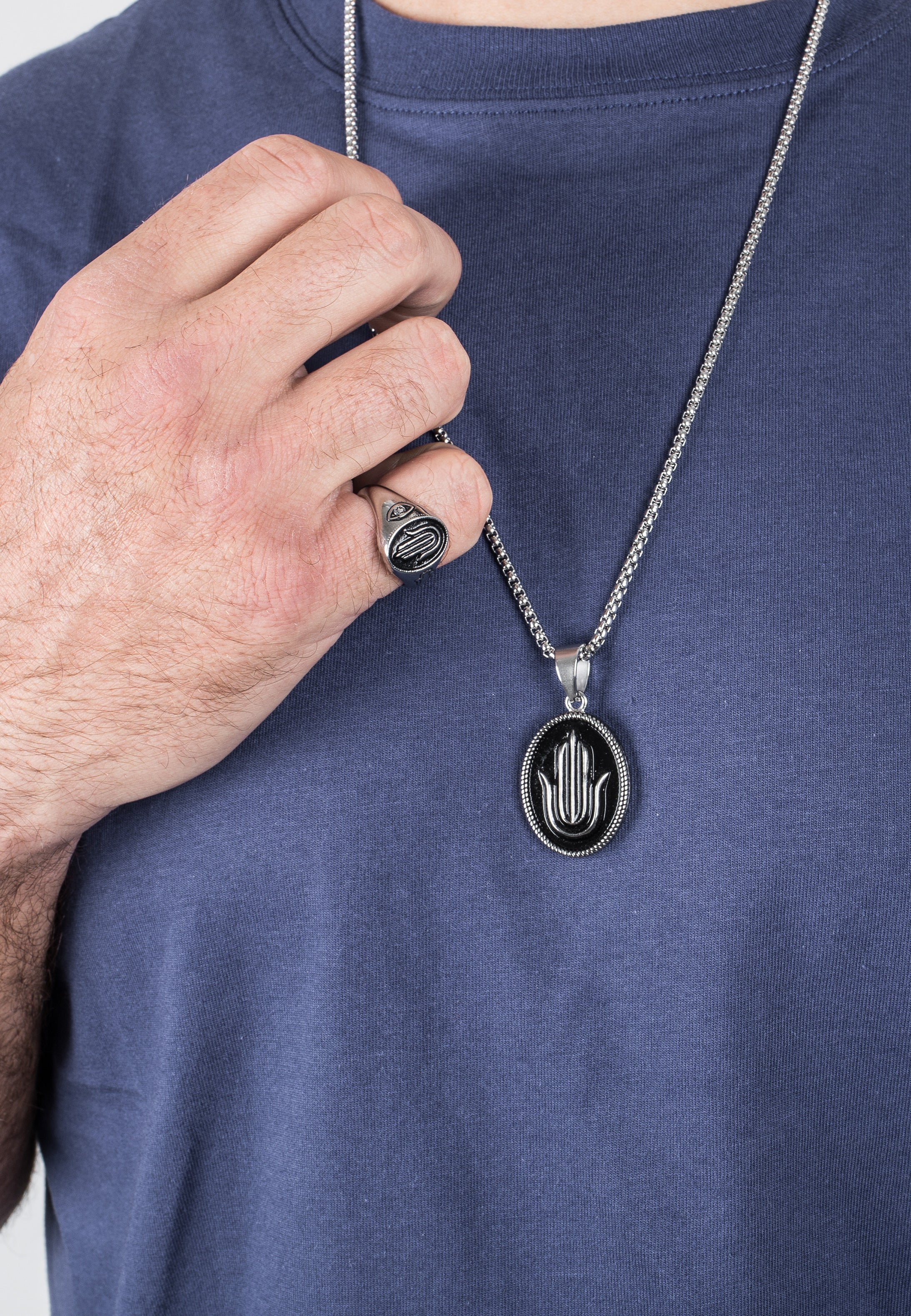 Akitsune-Hamsa-Necklace-Hand-of-Fatima-Men-Women-Silver-Model-3