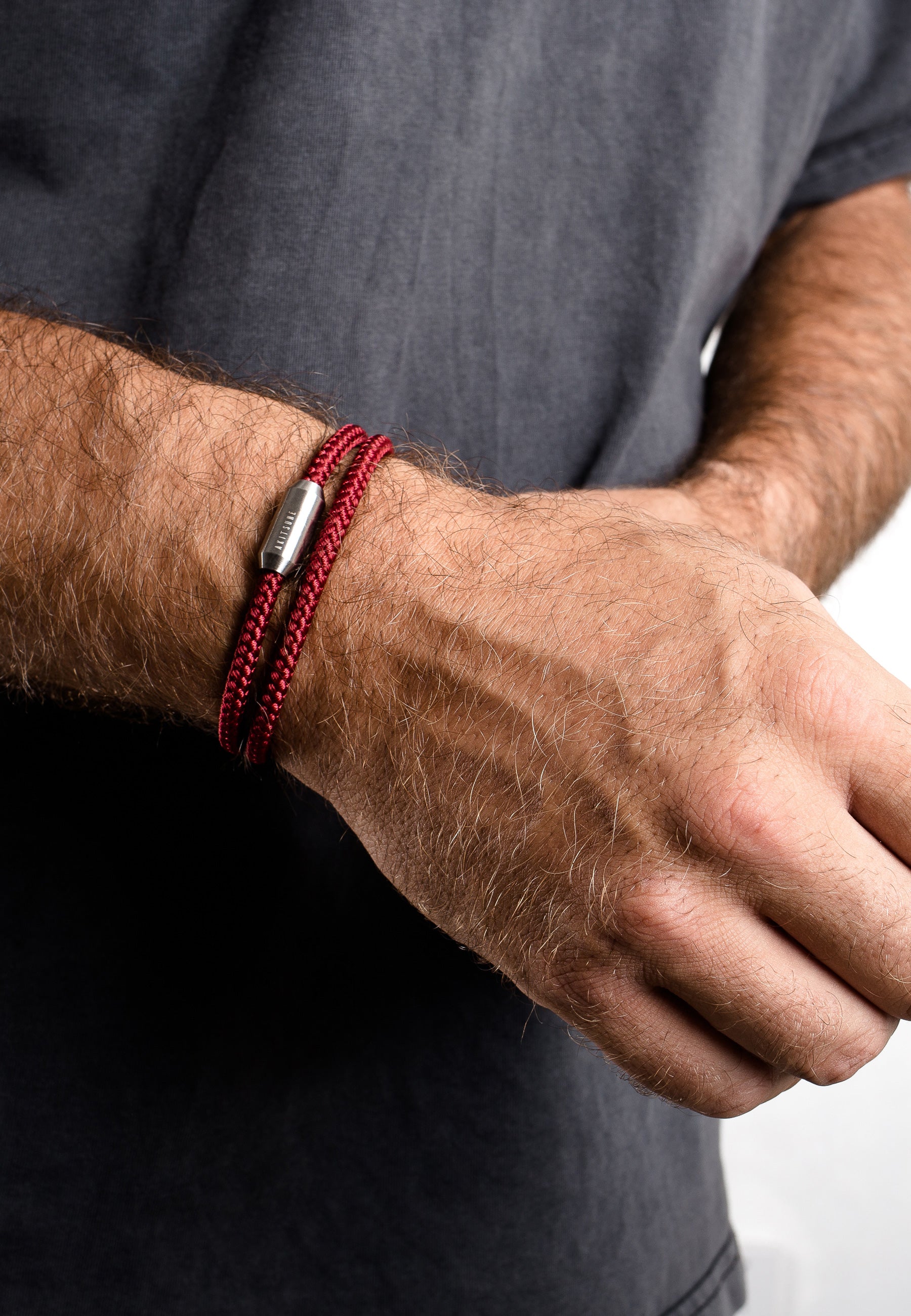 Akitsune-Mare-Nylon-Bracelet-Matte-Silver-Maroon-Model