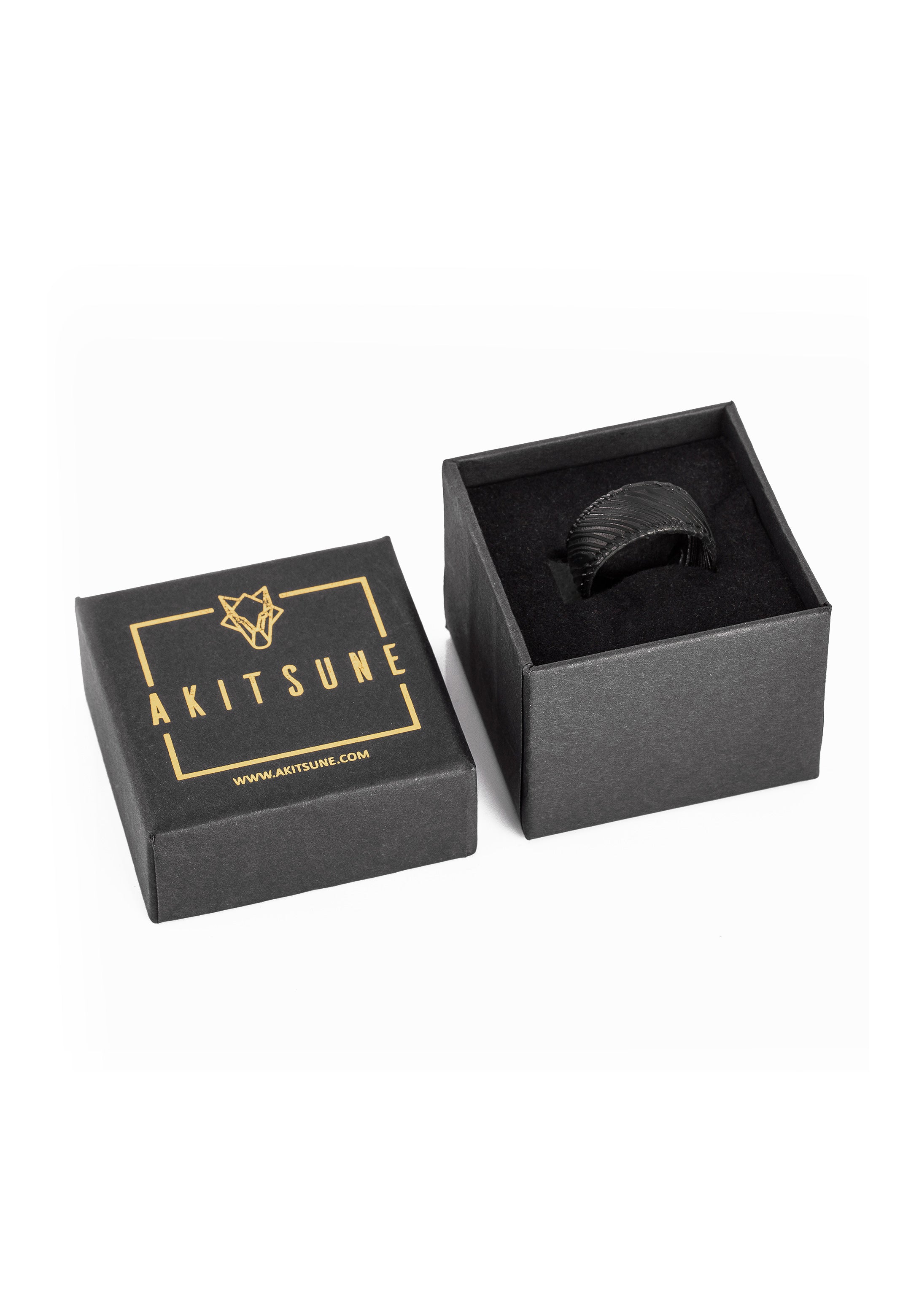 Akitsune-Orbis-Ring-Matte-Black-Damaask-Steel-Packaging