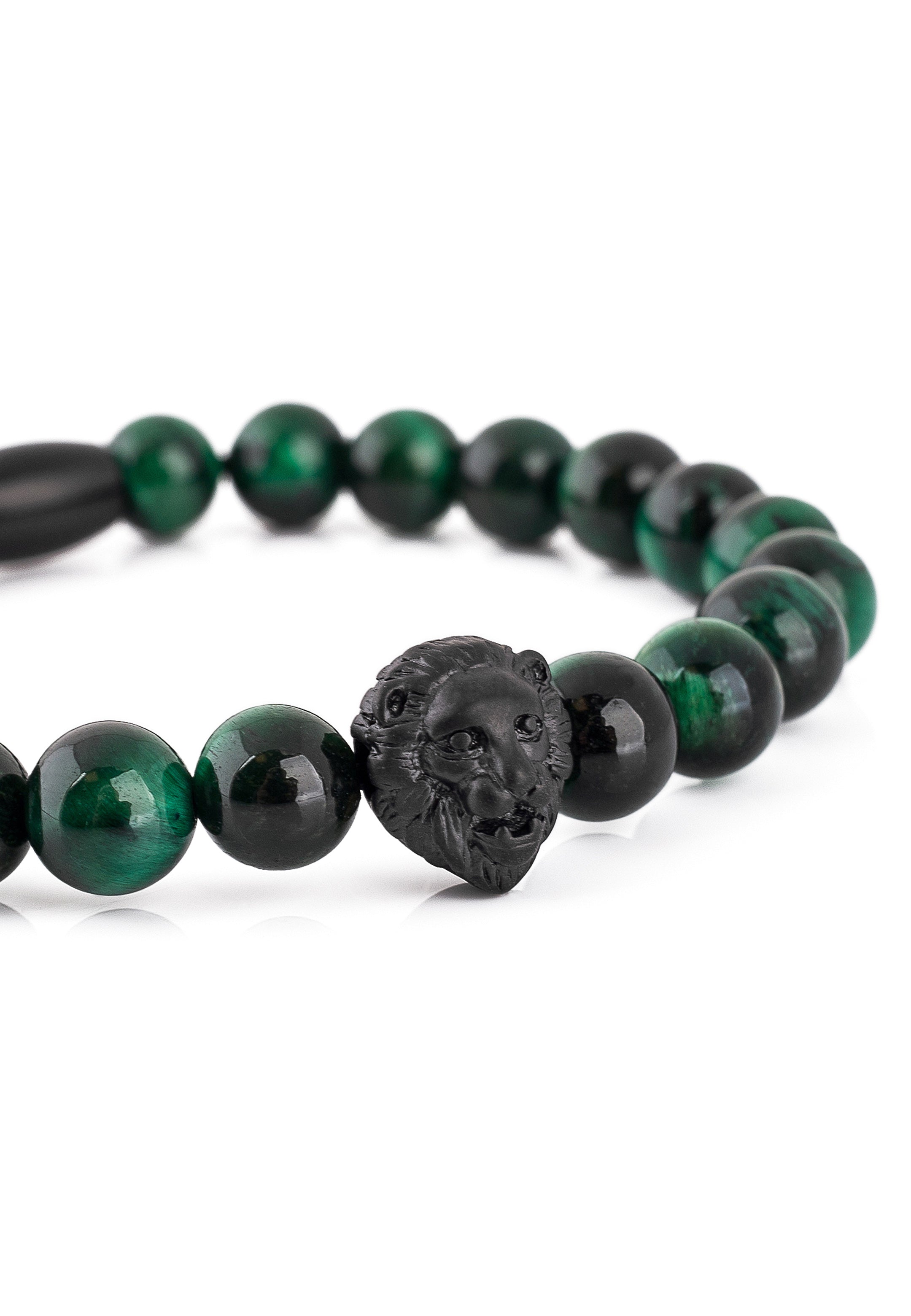 Akitsune-Regis-Beaded-Bracelet-Mens-Beads-Lion-Tiger-Eye-Green-Head-Detail