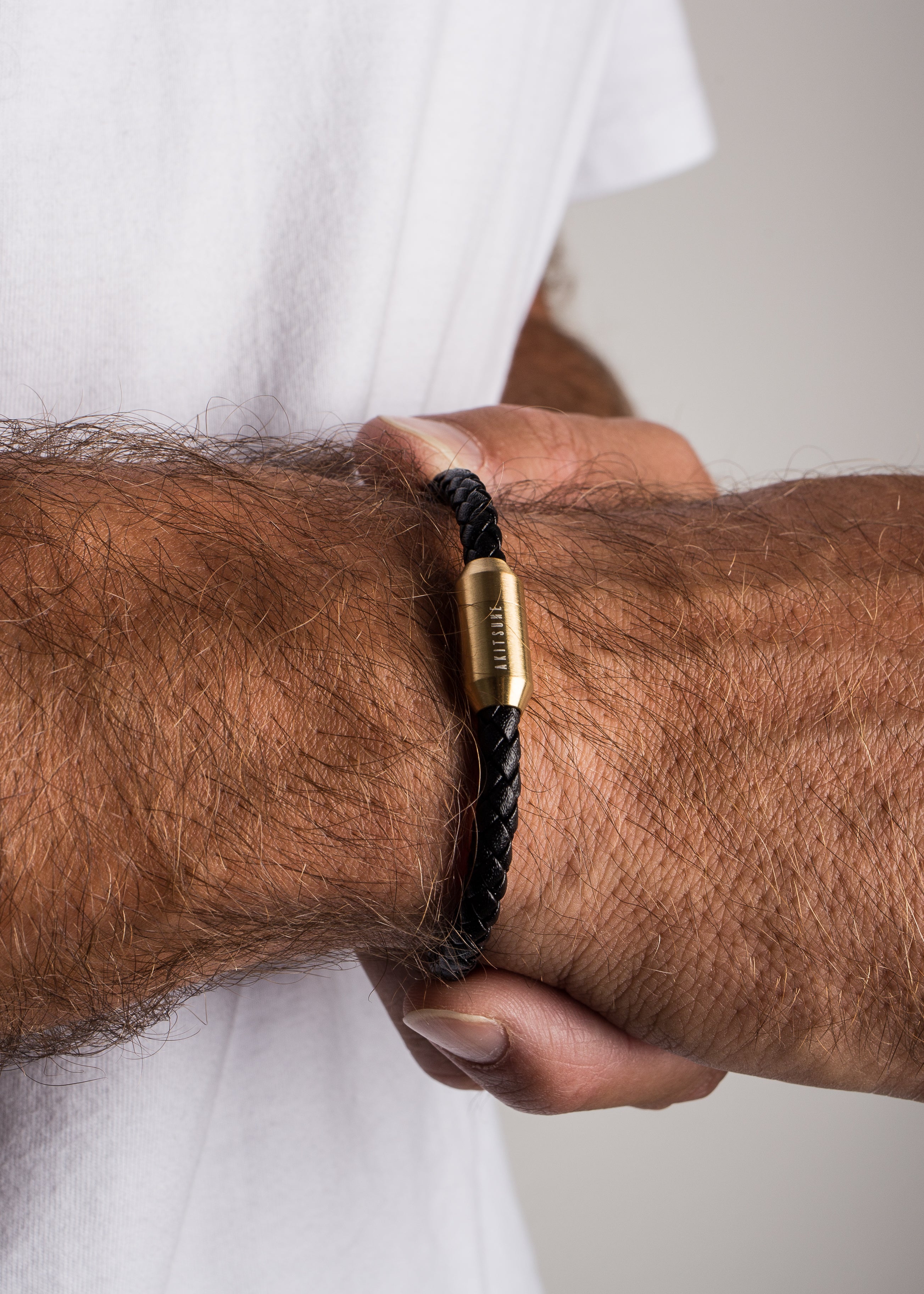 Akitsune-Silva-Leather-Bracelet-Gold-Black-Mens-Model-2