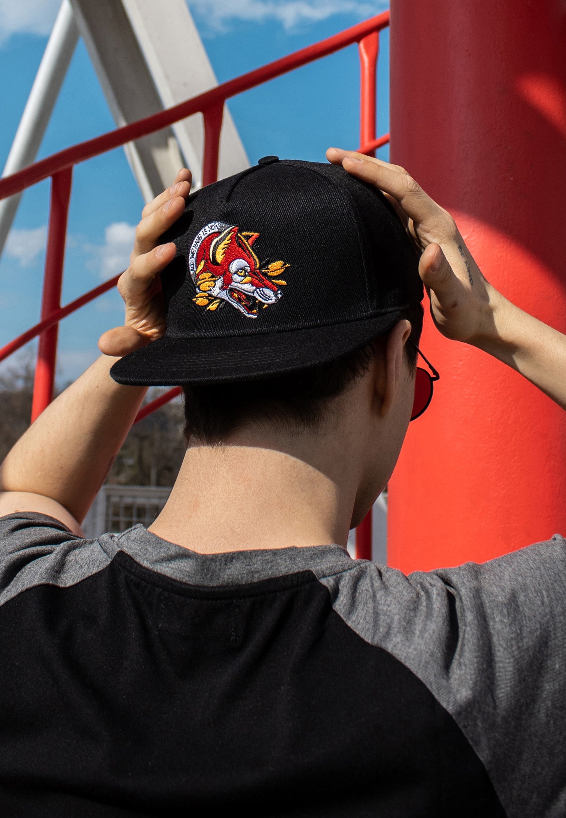 All-We-Have-Snapback-Cap-Black-Fox-Tattoo-Neo-Traditional-Model-2