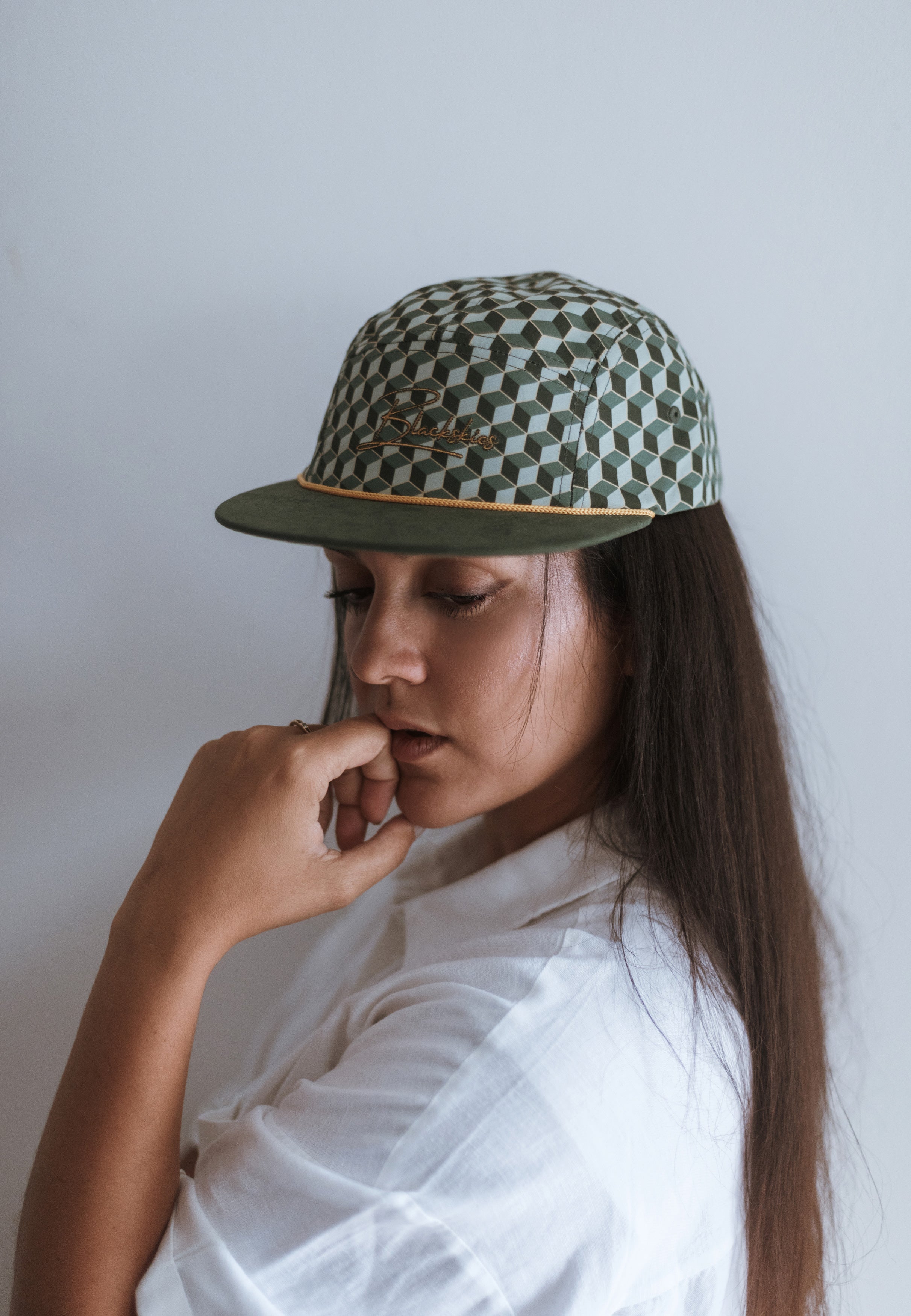 Blackskies-Designer-5-Panel-Cap-Gold-Green-Model