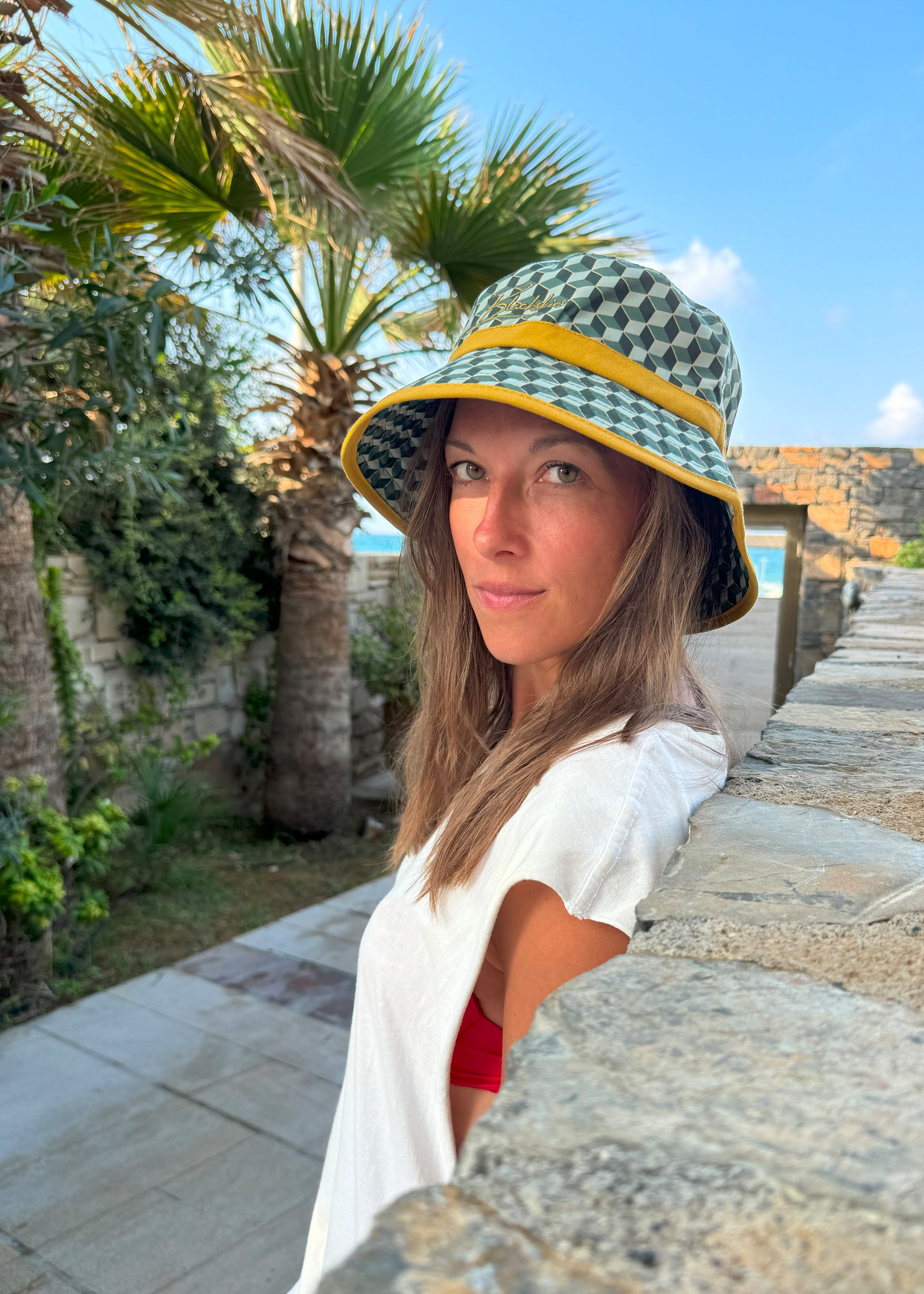 Blackskies-Designer-Bucket-Hat-Gold-Green-Model-Female