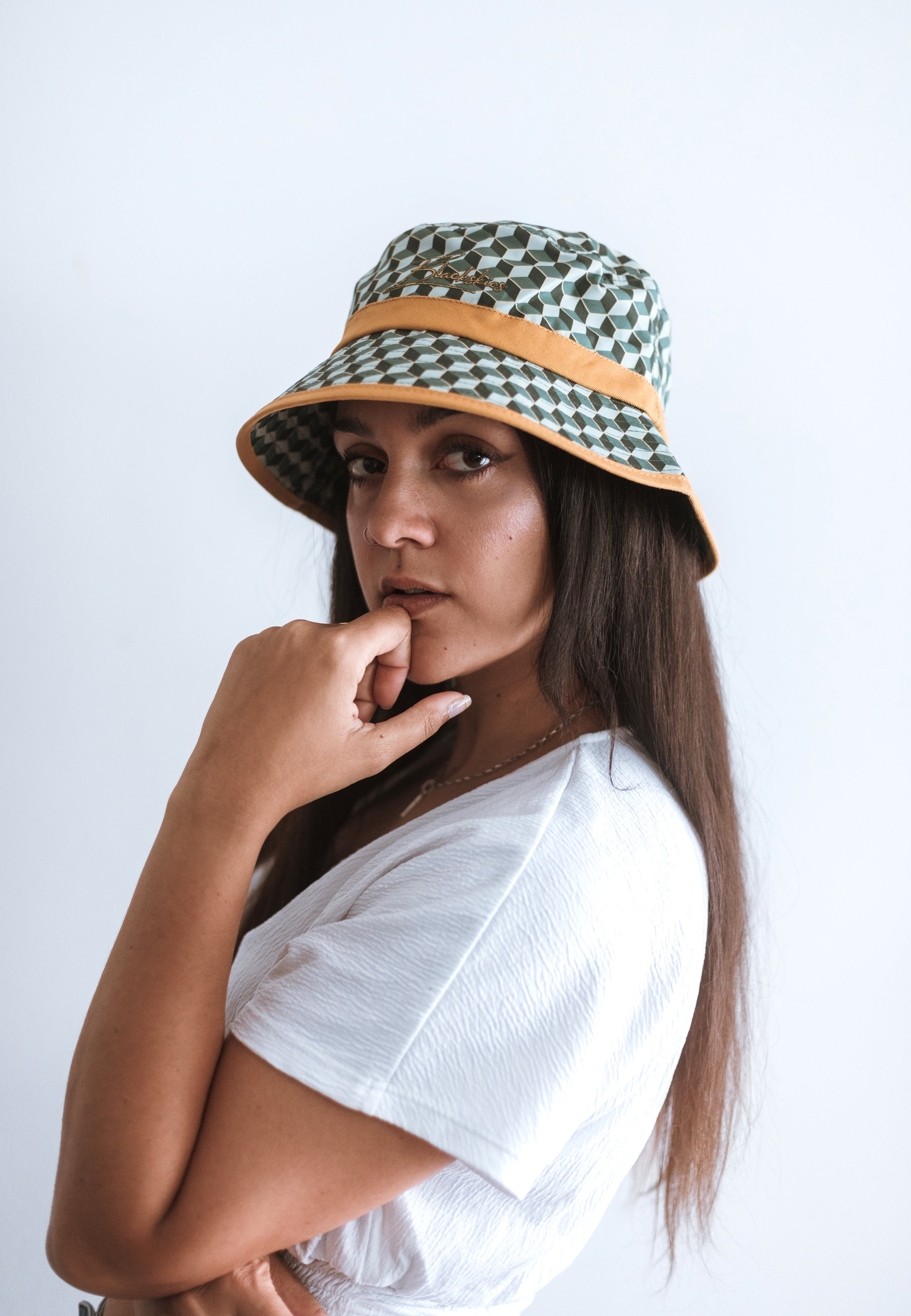Blackskies-Designer-Bucket-Hat-Gold-Green-Model