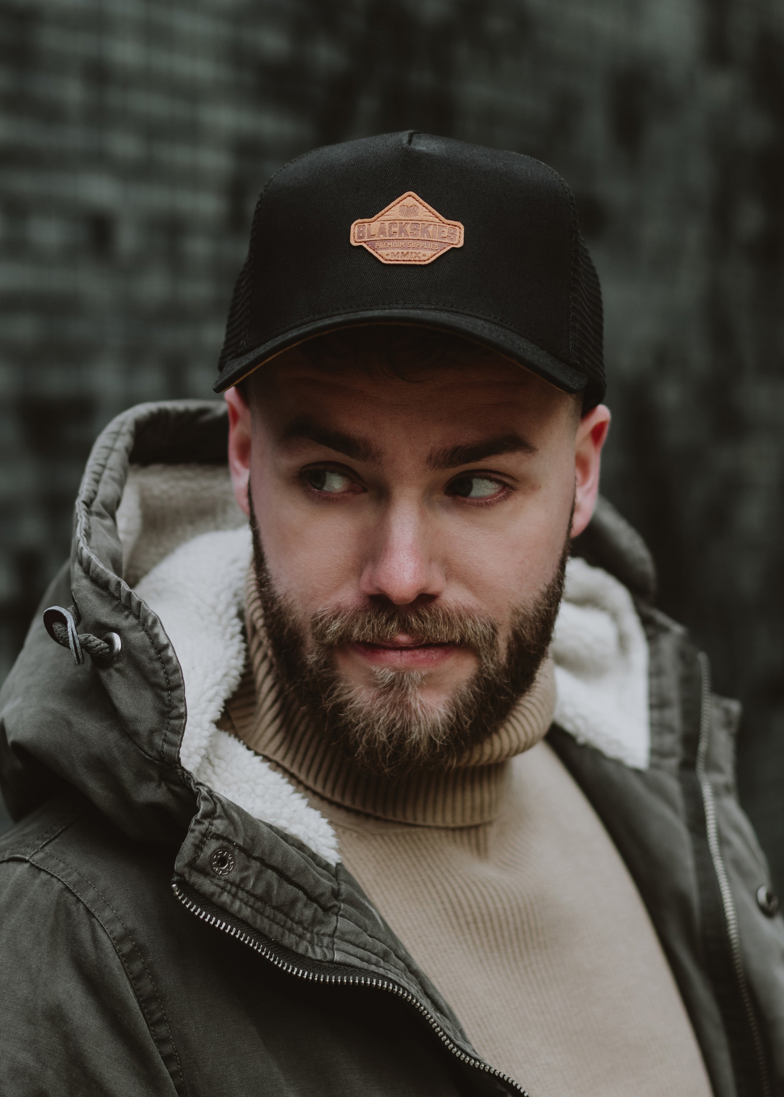 Blackskies-Essentials-Trucker-Cap-Black-Black-Brown-Model