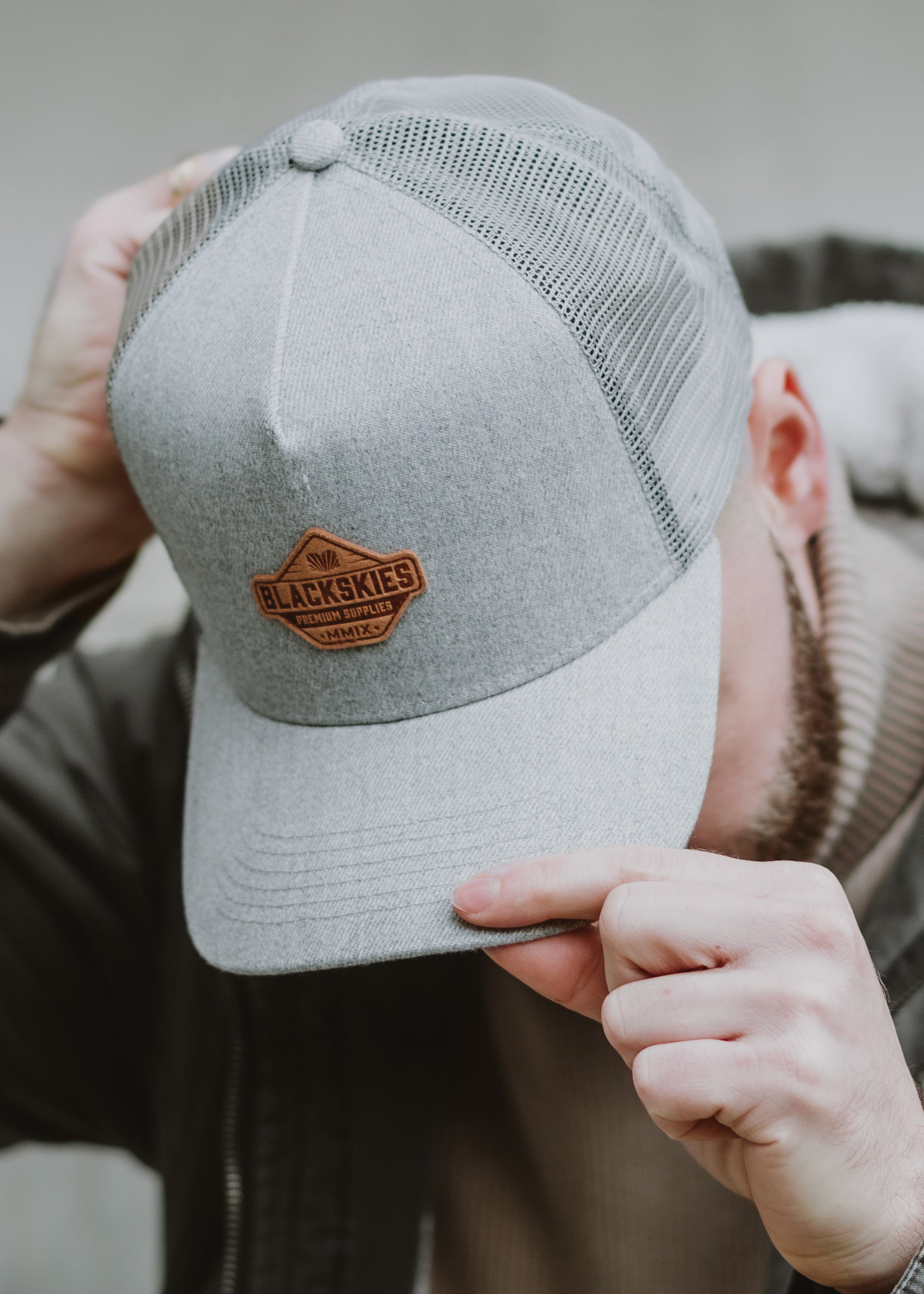 Blackskies-Essentials-Trucker-Cap-Grey-Grey-Brown-Model-2