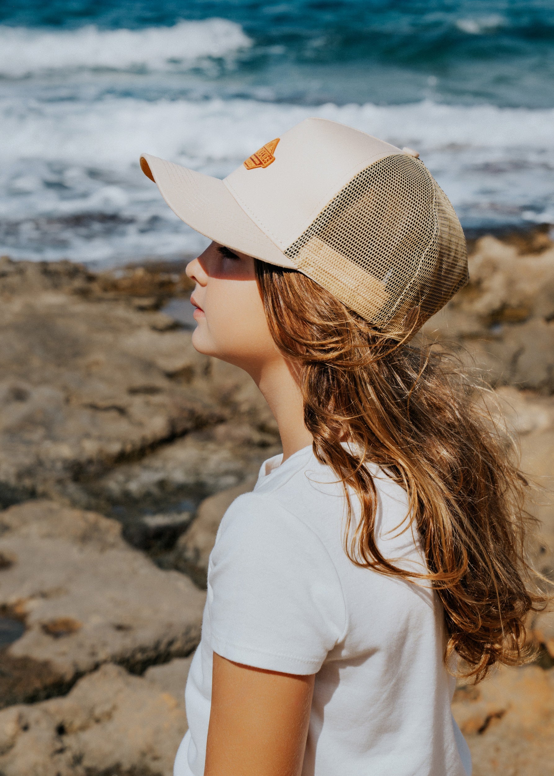 Blackskies-Essentials-Trucker-Cap-Kids-Beige-Brown-Model