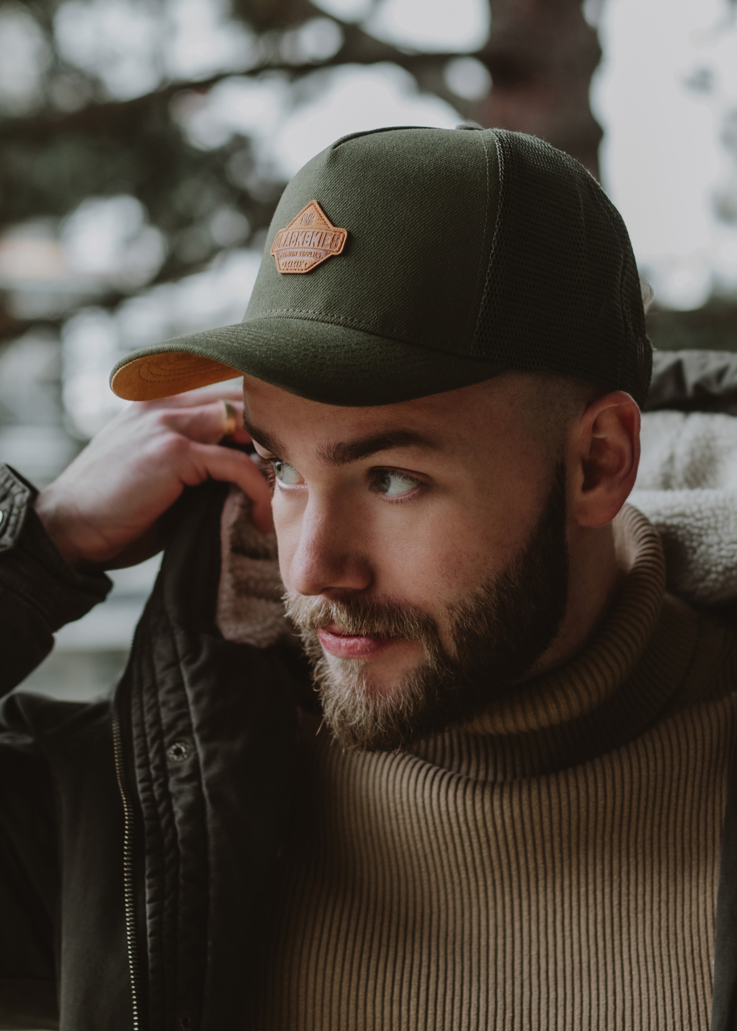 Blackskies-Essentials-Trucker-Cap-Olive-Olive-Brown-Model