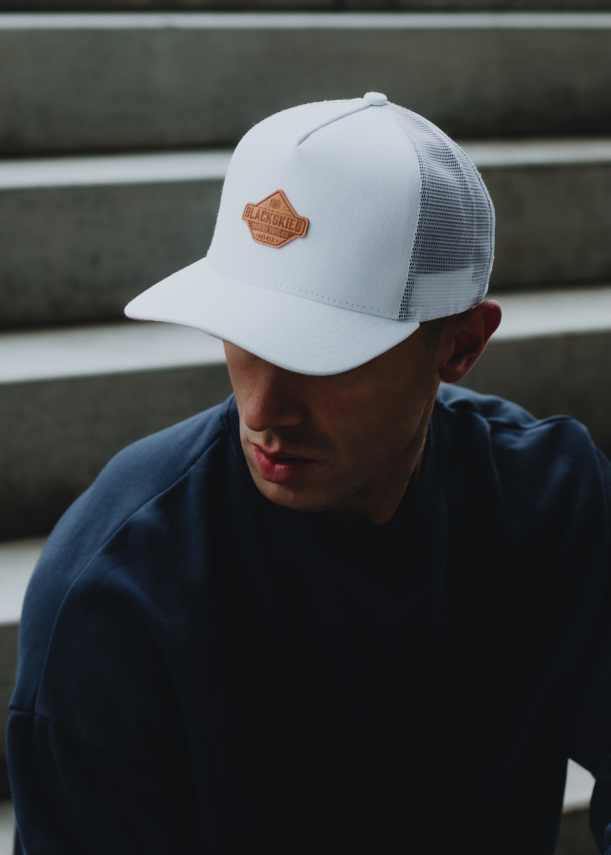 Blackskies-Essentials-Trucker-Cap-White-White-Brown-Model