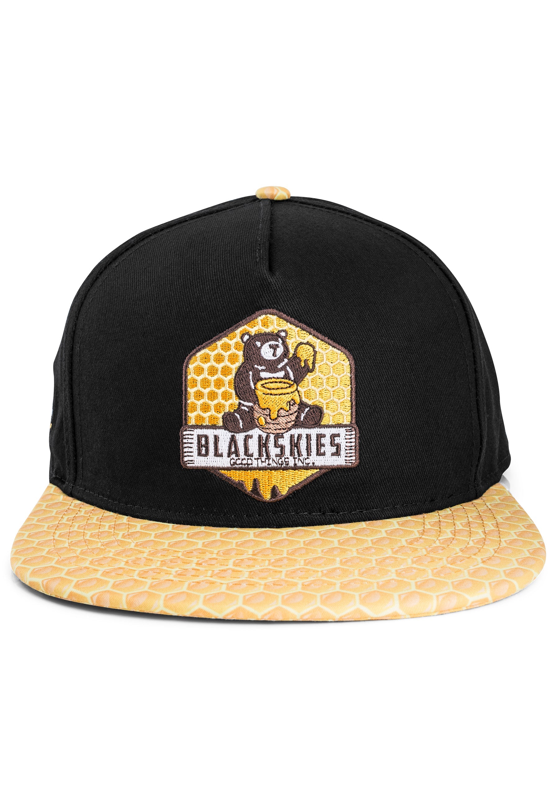 Blackskies-Good-Things-Snapback-Cap-Honey-Hex-Bear-Baseball-Hat-Front