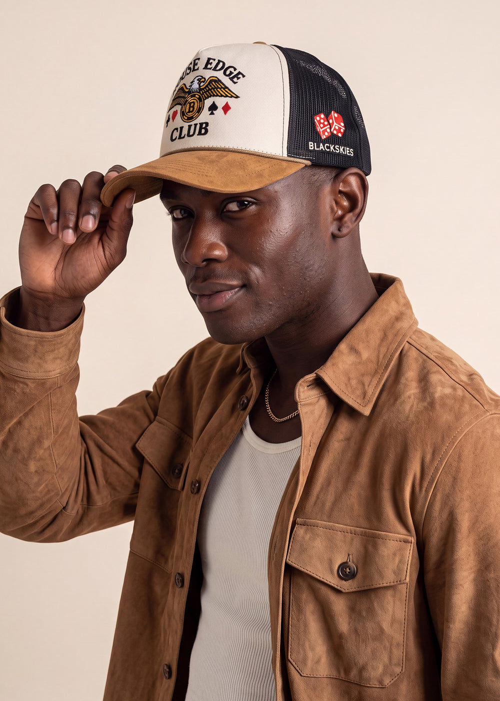 Blackskies House Edge Club Trucker Cap, worn by a model