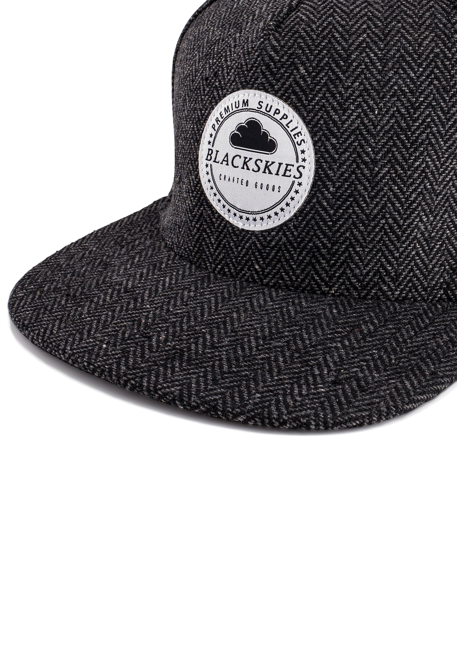 Blackskies-Hyperion-Snapback-Cap-Herringbone-Wool-Black-Grey-Baseball-Hat-Wool-Detail