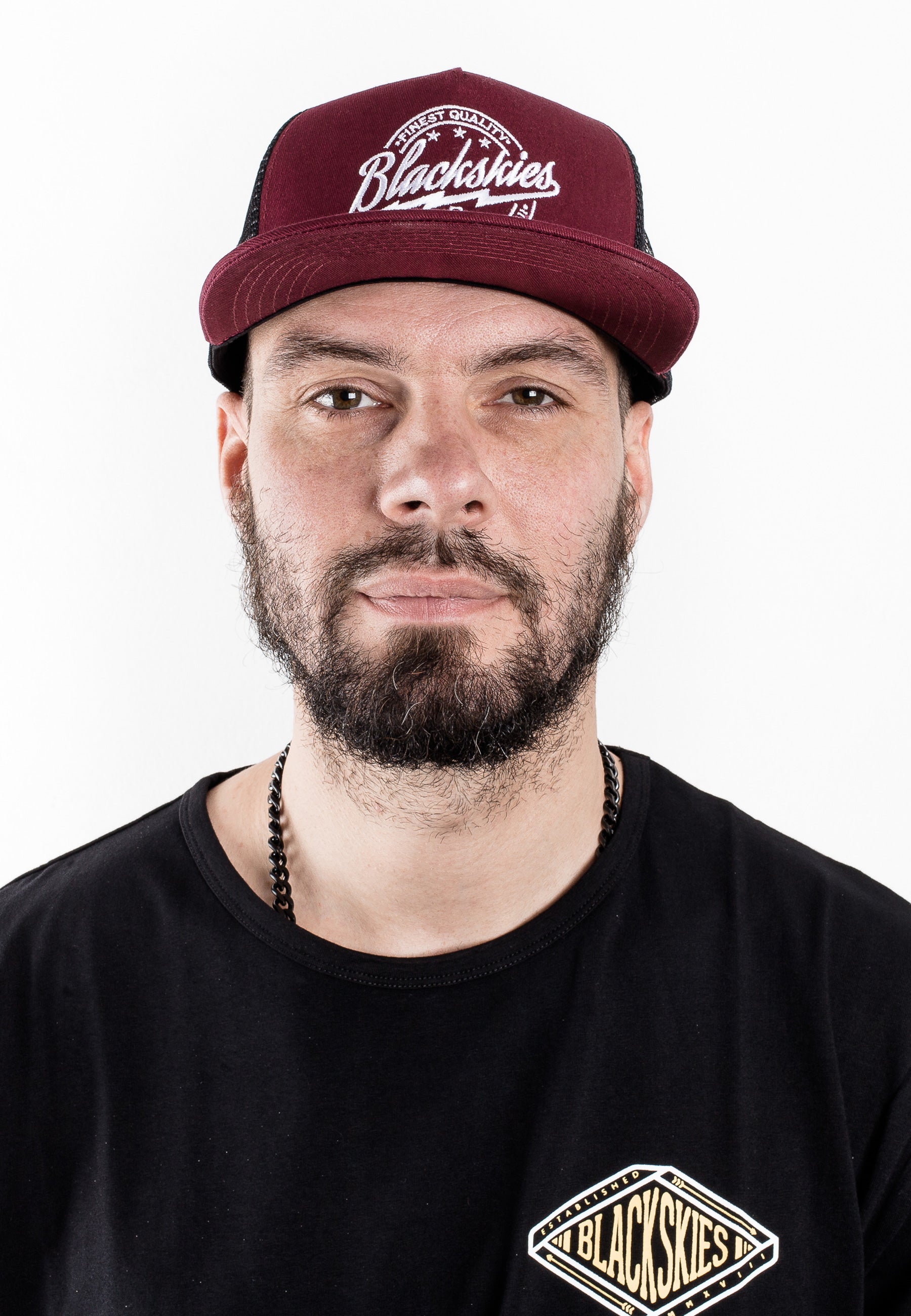 Blackskies-Iconic-Trucker-Cap-Wine-red-Mesh-Baseball-Hat-Model-2