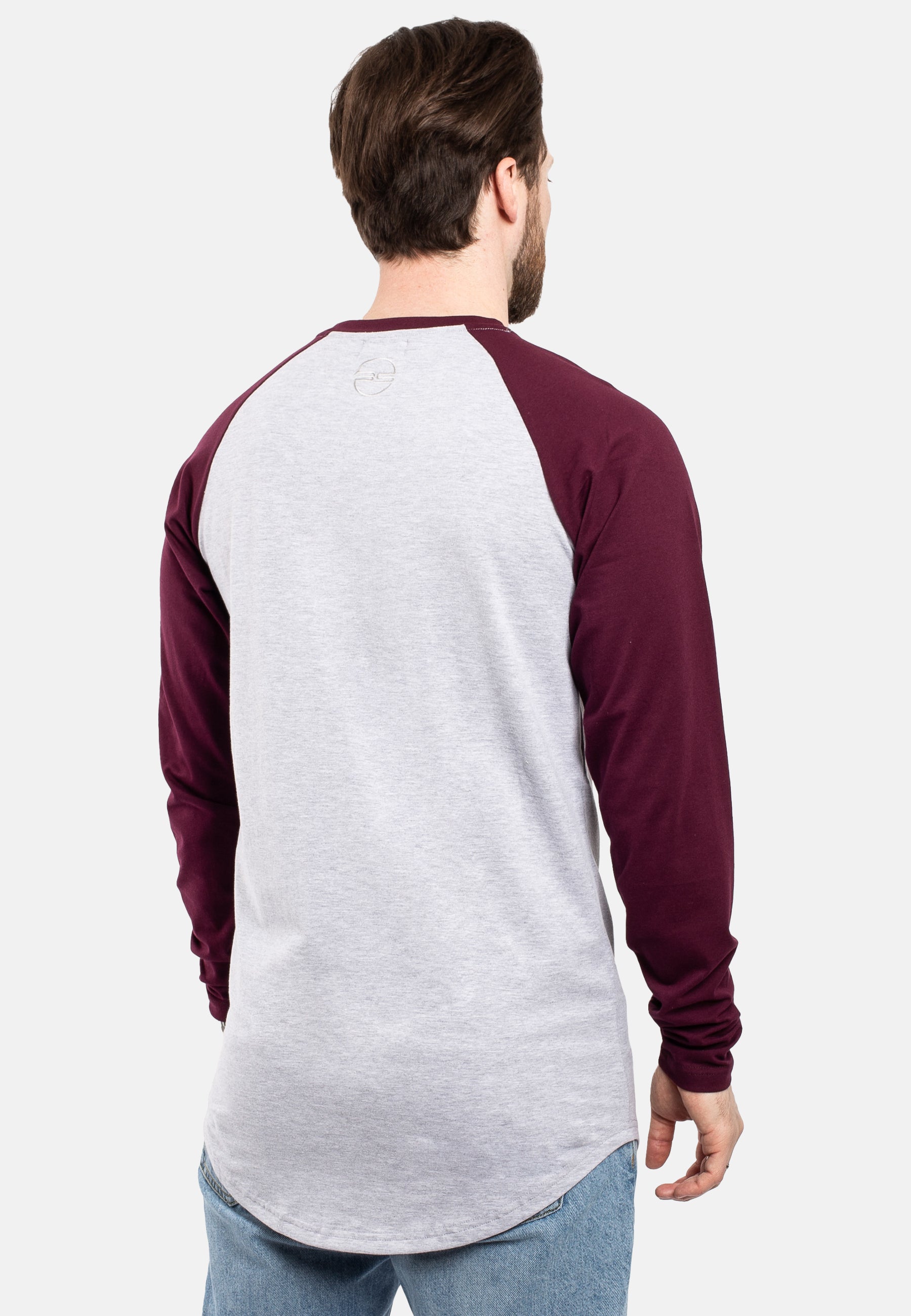 Blackskies-Longline-Baseball-Long-Sleeve-T-Shirt-Ash-Grey-Maroon-Mens-Long-Tee-Back-Side