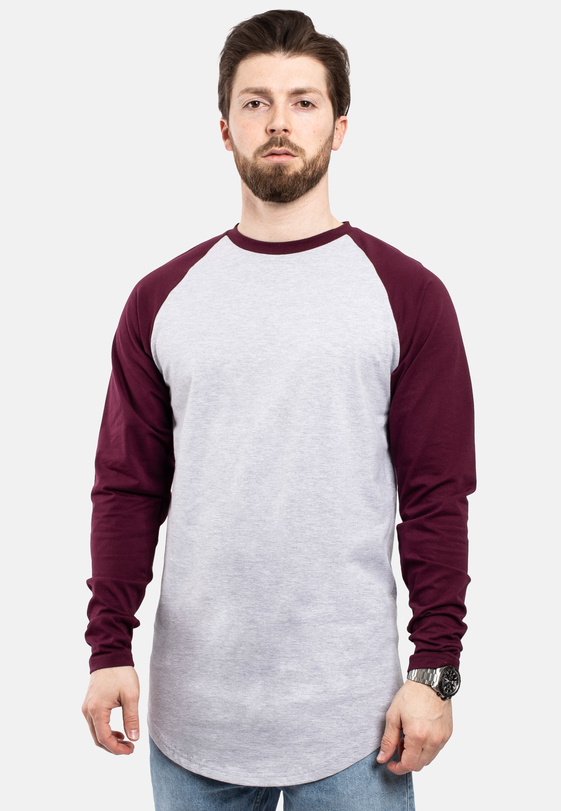 Blackskies-Longline-Baseball-Long-Sleeve-T-Shirt-Ash-Grey-Maroon-Mens-Long-Tee-Curved