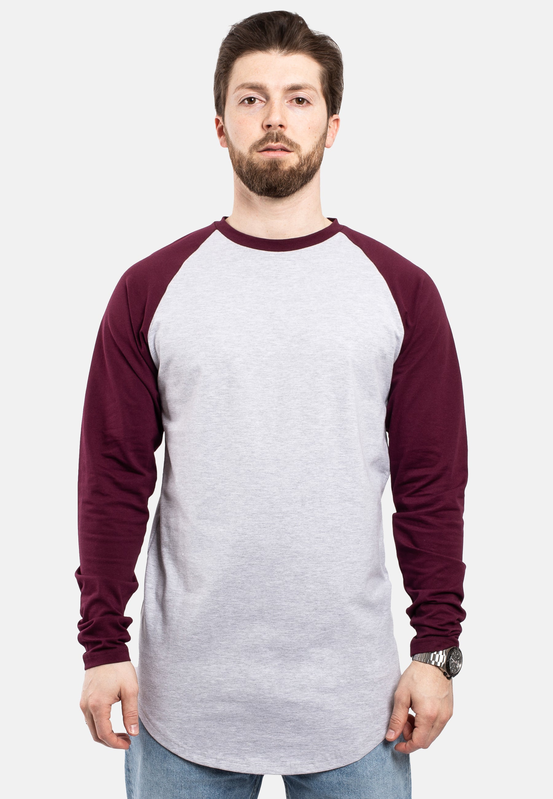 Blackskies-Longline-Baseball-Long-Sleeve-T-Shirt-Ash-Grey-Maroon-Mens-Long-Tee-Front