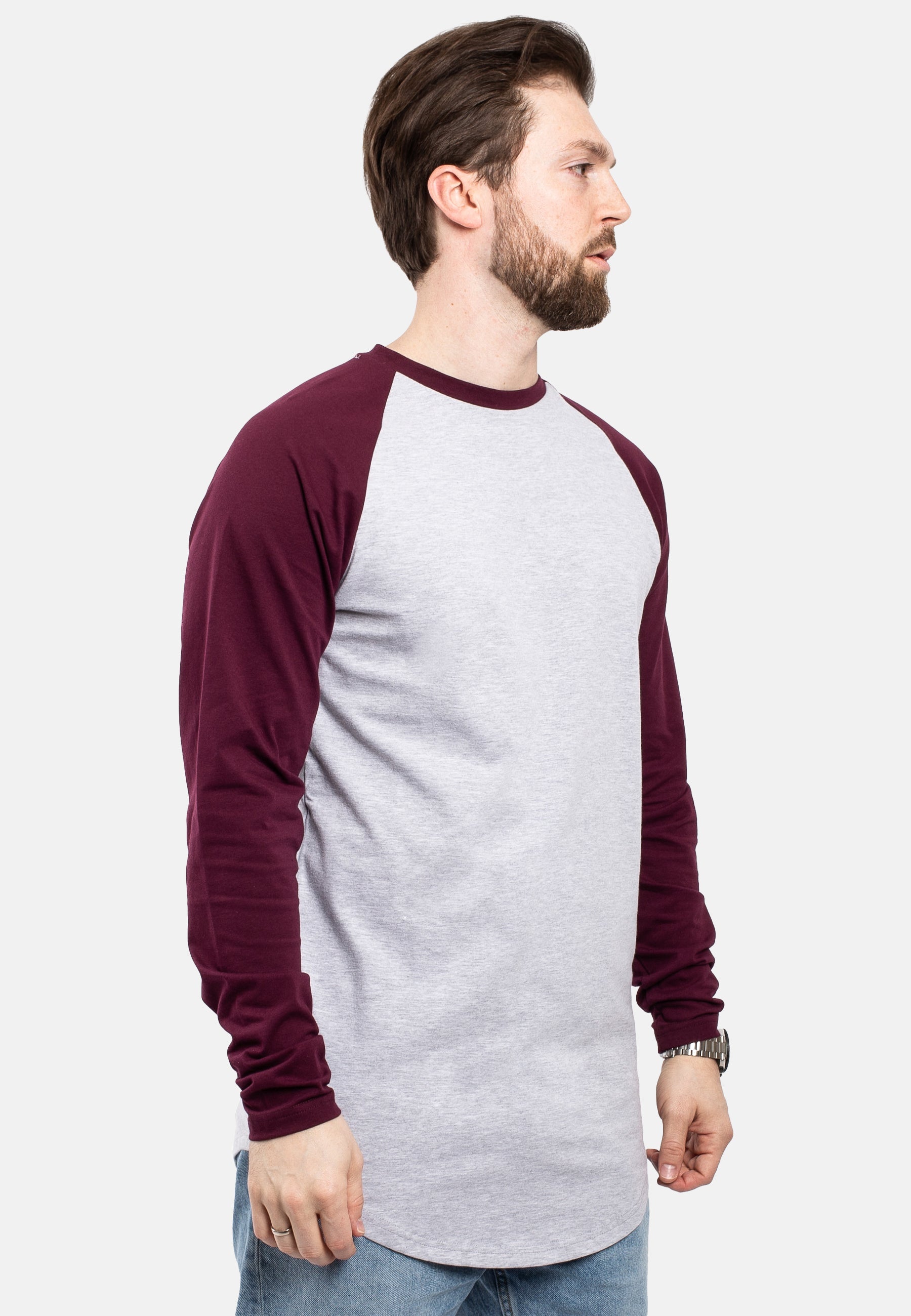 Blackskies-Longline-Baseball-Long-Sleeve-T-Shirt-Ash-Grey-Maroon-Mens-Long-Tee-Pose-Curved
