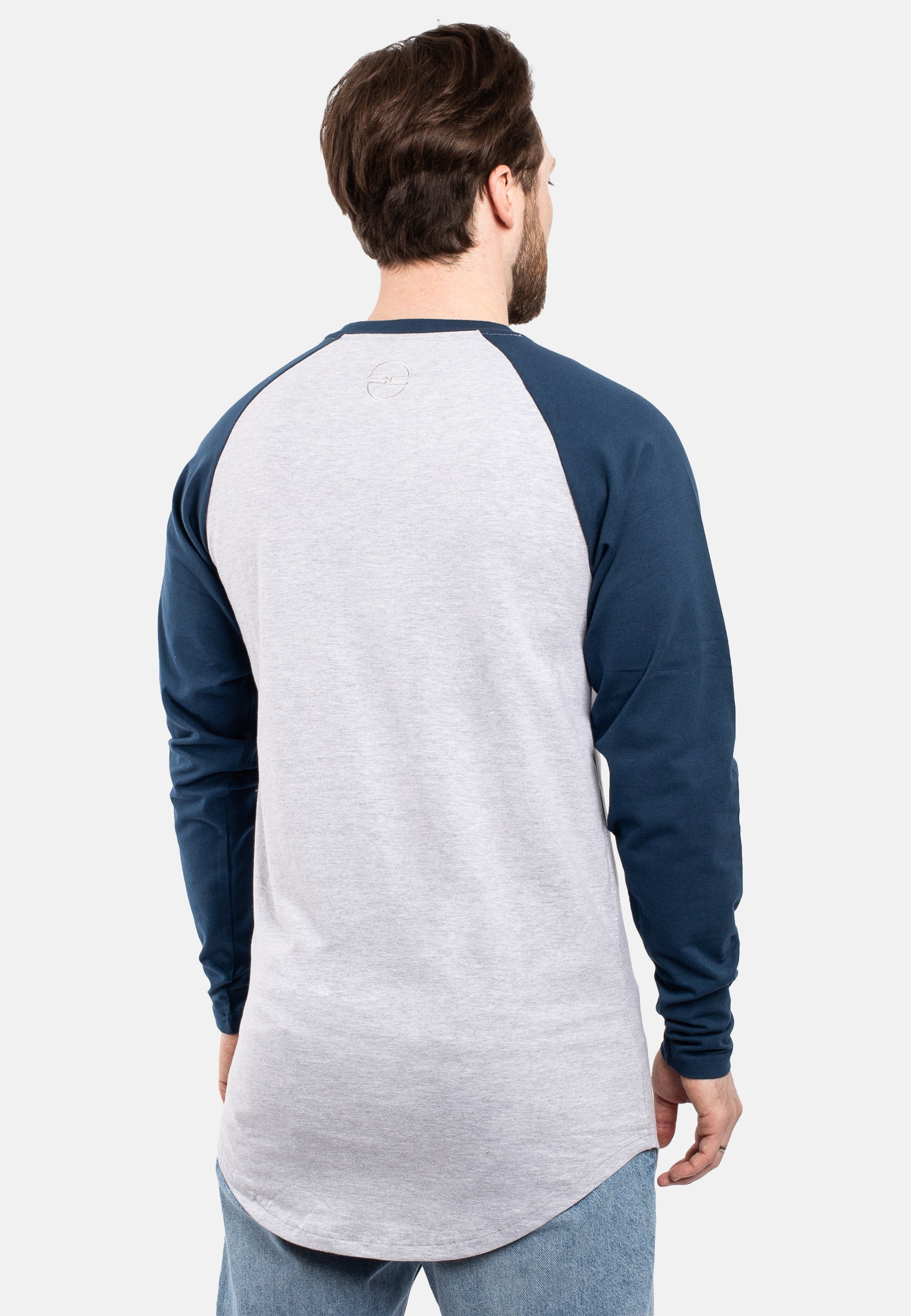 Blackskies-Longline-Baseball-Long-Sleeve-T-Shirt-Ash-Grey-Navy-Bllue-Mens-Long-Tee-Curved-Back
