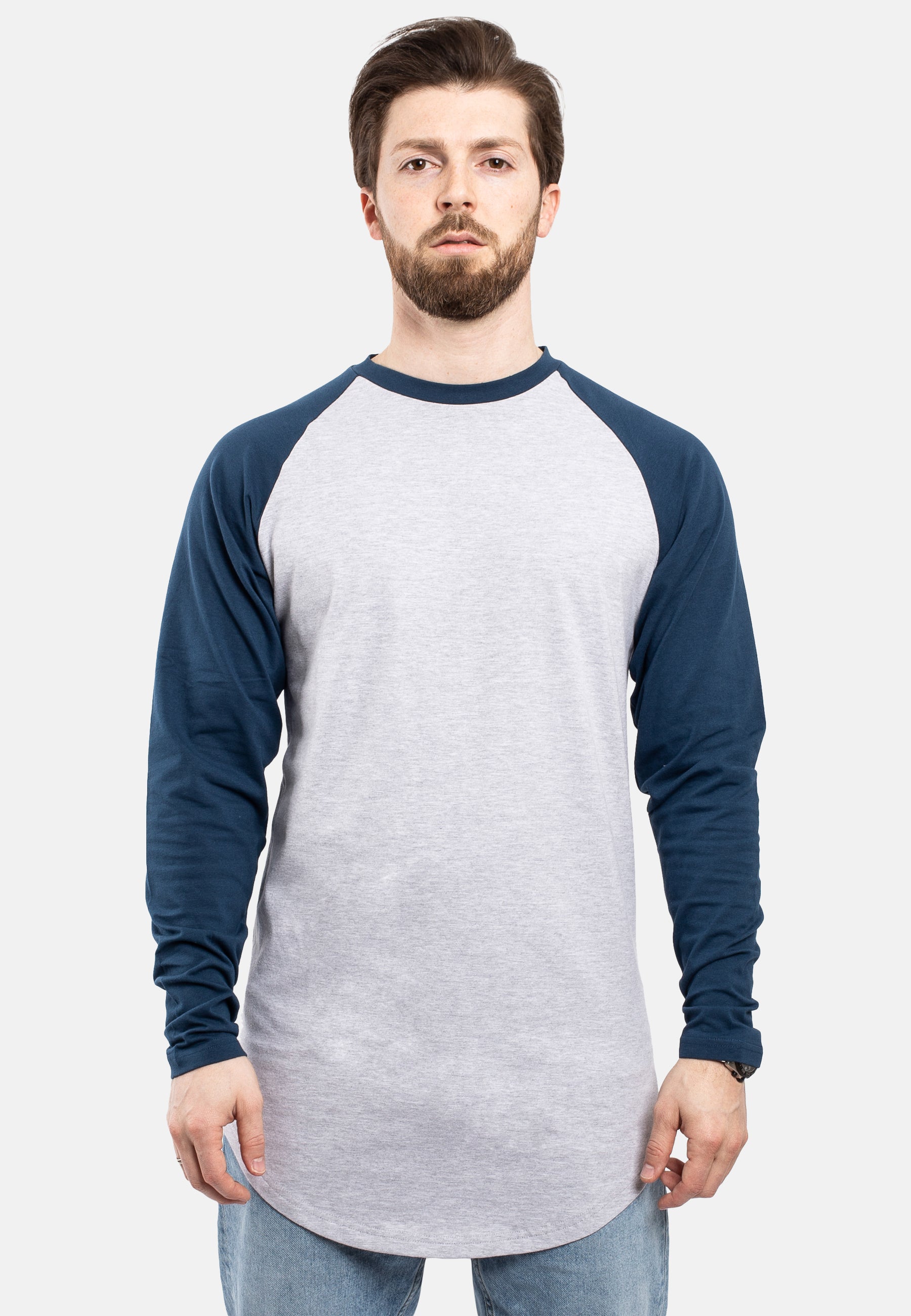 Blackskies-Longline-Baseball-Long-Sleeve-T-Shirt-Ash-Grey-Navy-Bllue-Mens-Long-Tee-Front-2