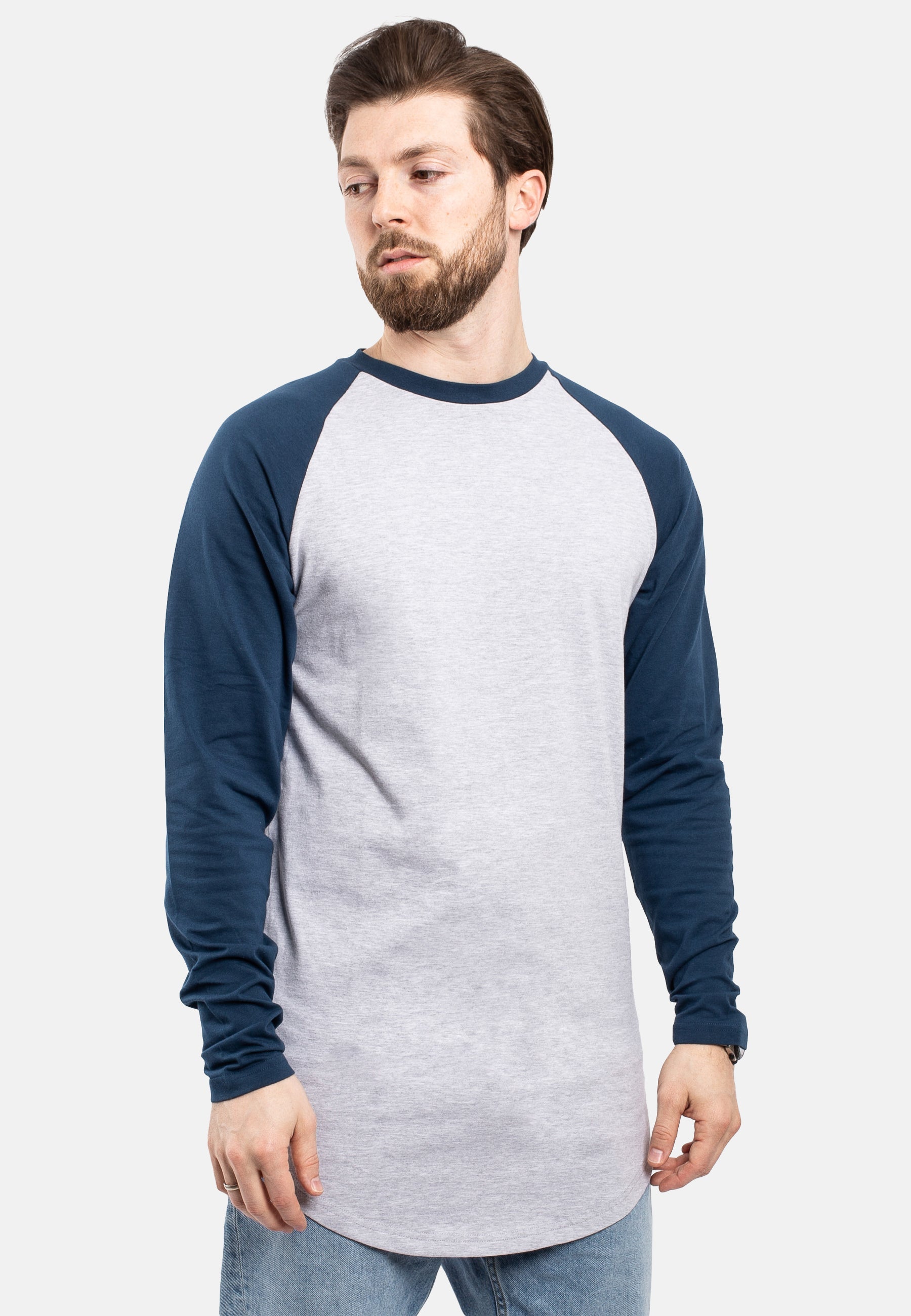 Blackskies-Longline-Baseball-Long-Sleeve-T-Shirt-Ash-Grey-Navy-Bllue-Mens-Long-Tee-Side-Pose