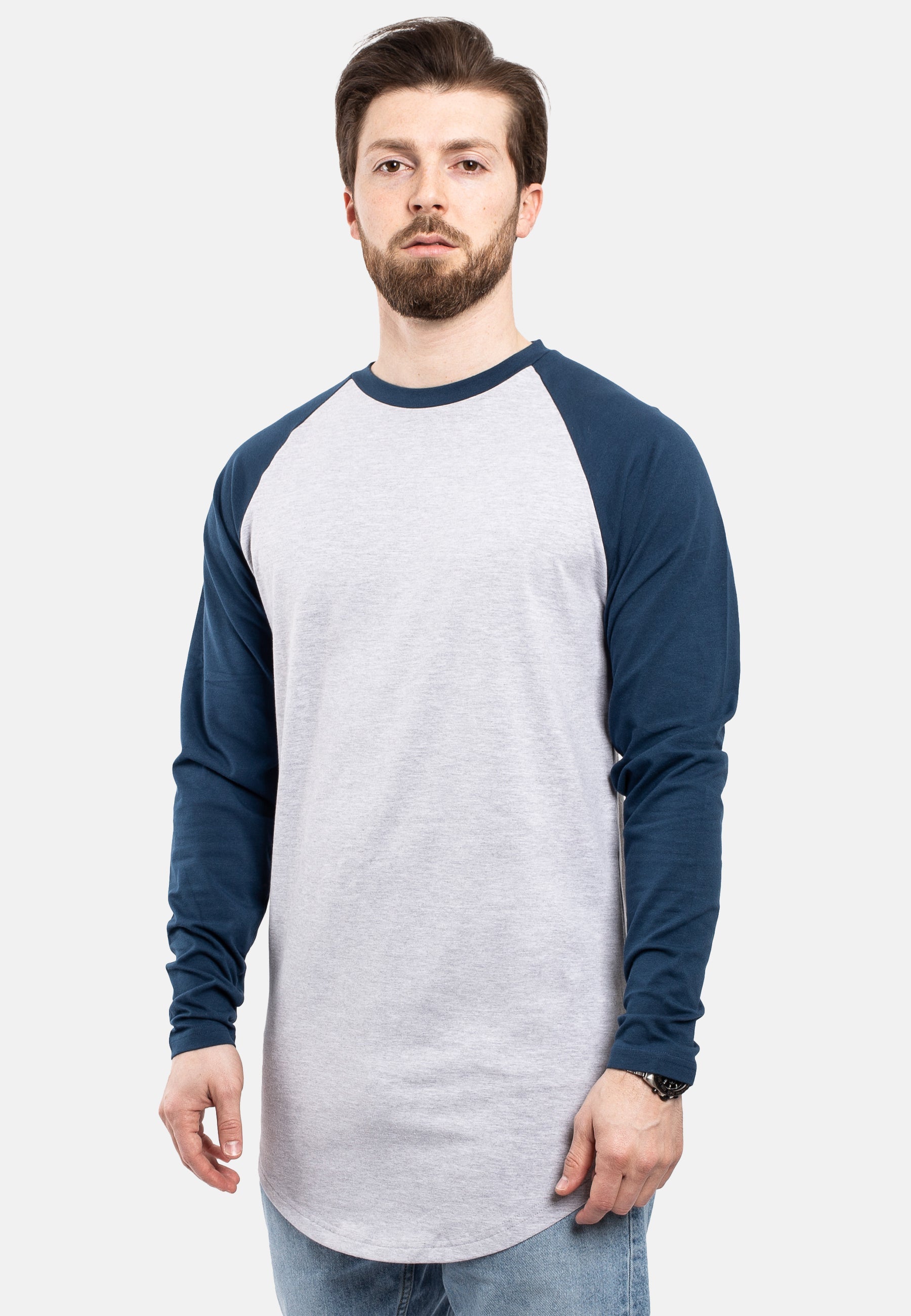 Blackskies-Longline-Baseball-Long-Sleeve-T-Shirt-Ash-Grey-Navy-Bllue-Mens-Long-Tee-Side