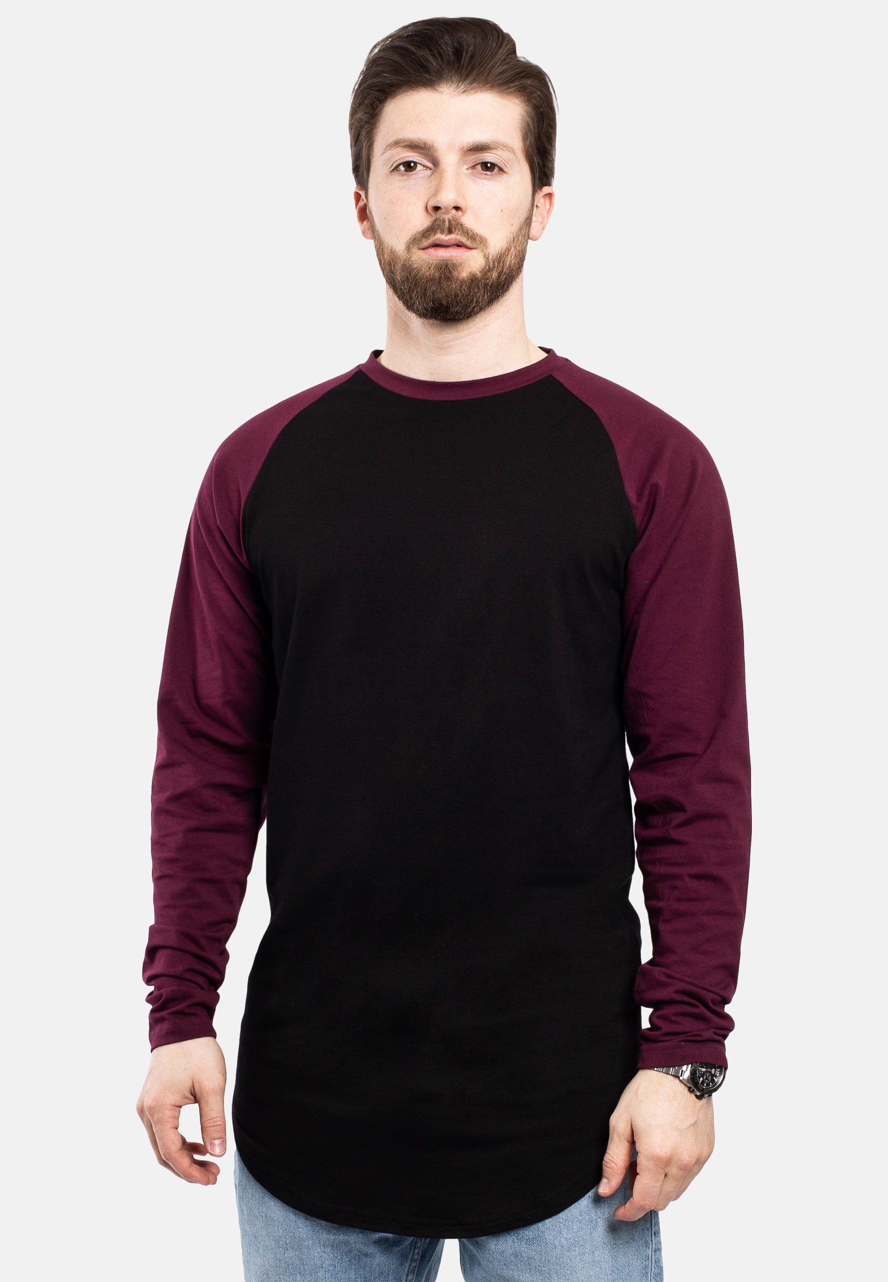 Blackskies-Longline-Baseball-Long-Sleeve-T-Shirt-Black-Maroon-Mens-Long-Tee-Curved