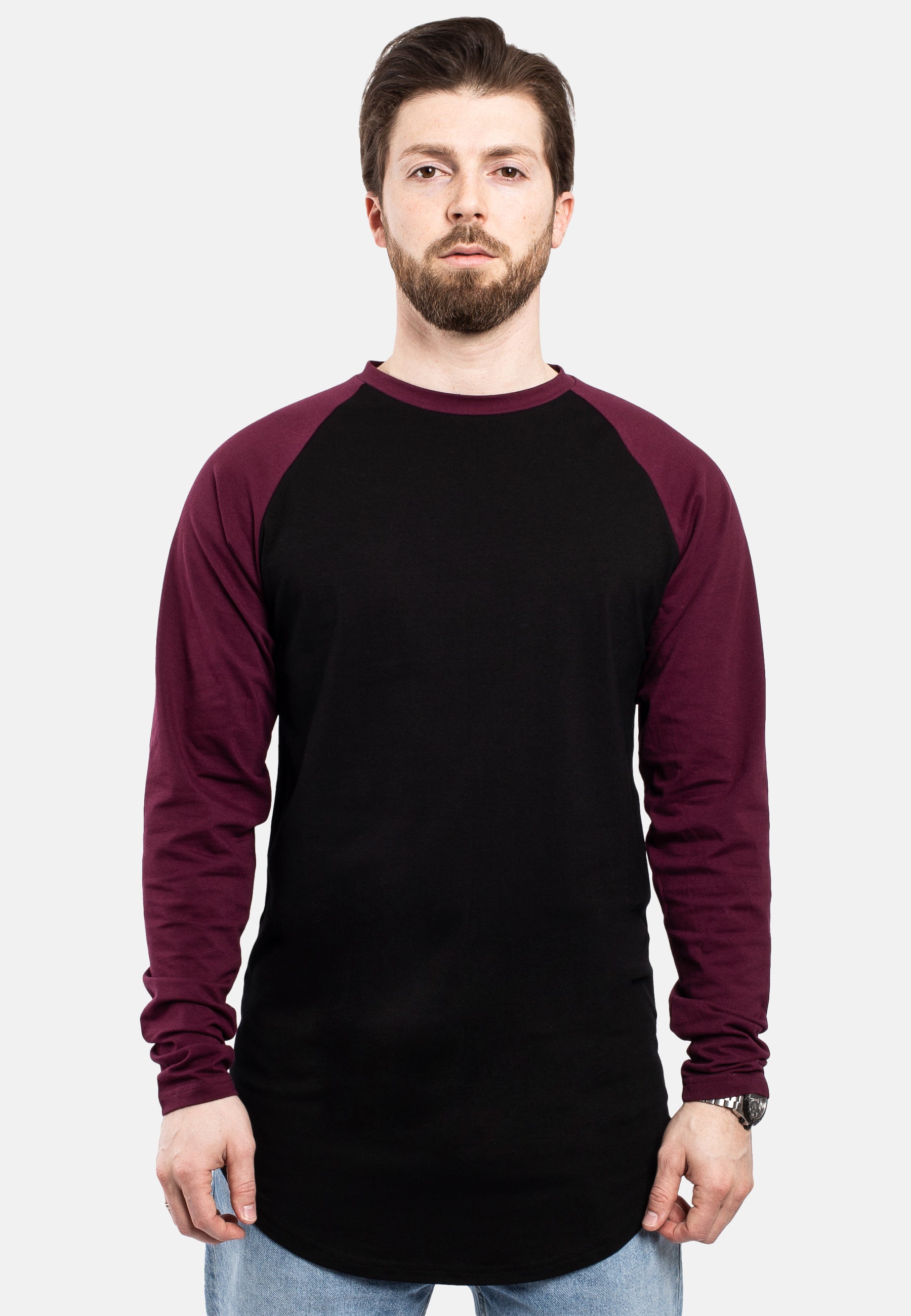 Blackskies-Longline-Baseball-Long-Sleeve-T-Shirt-Black-Maroon-Mens-Long-Tee-Front