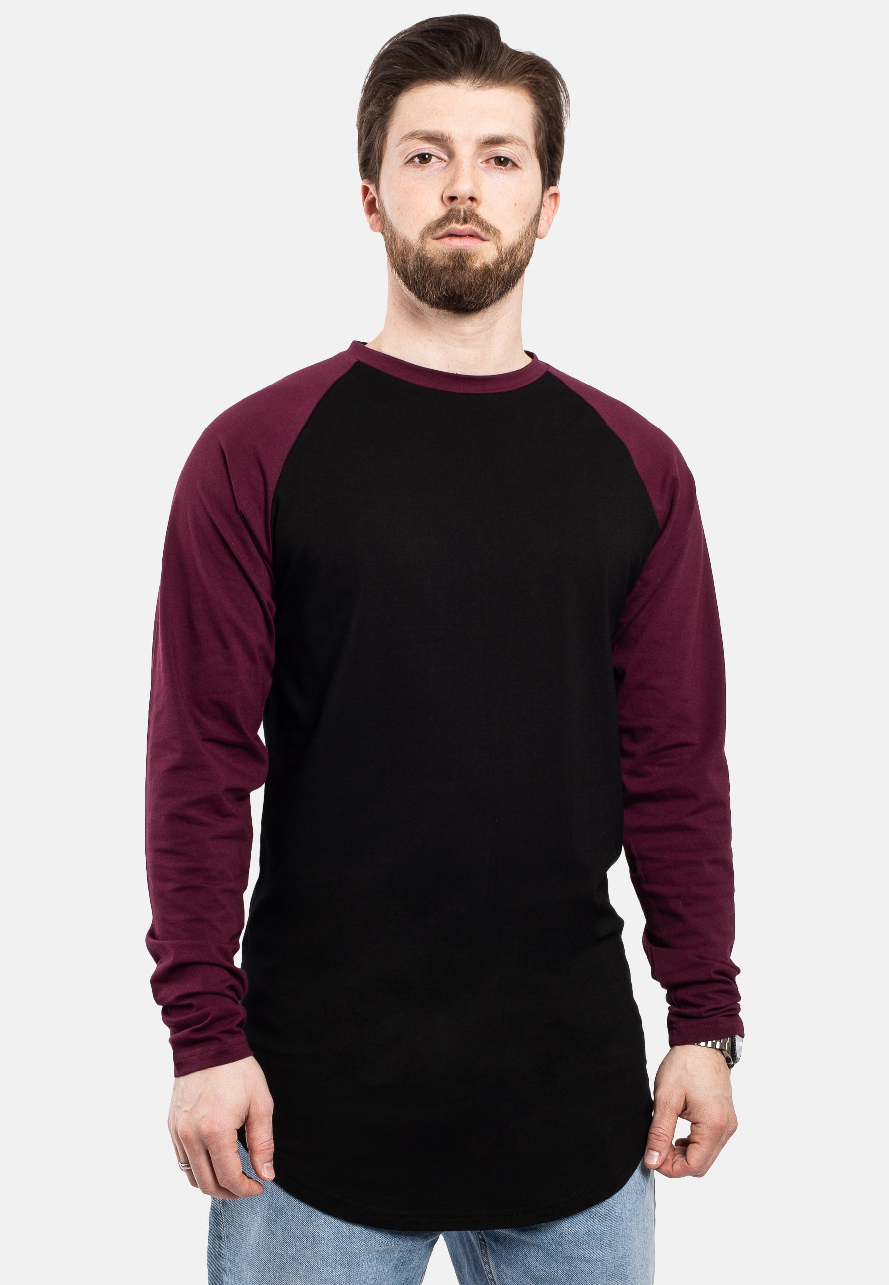 Blackskies-Longline-Baseball-Long-Sleeve-T-Shirt-Black-Maroon-Mens-Long-Tee-Pose