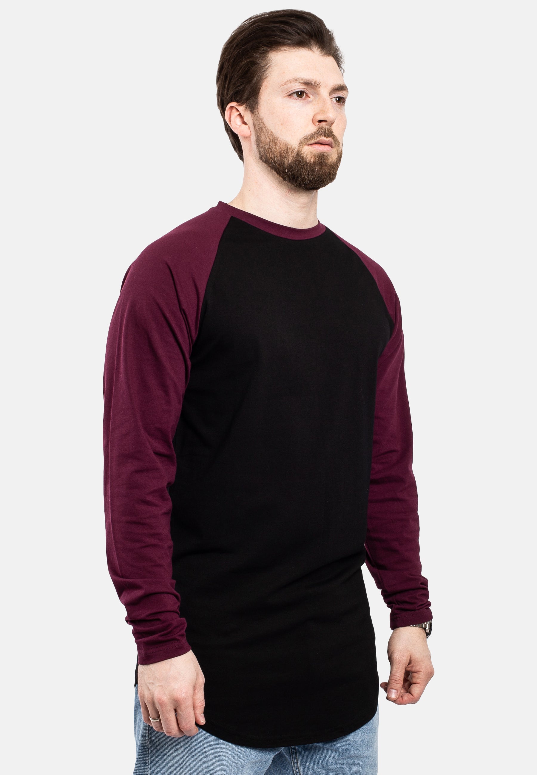 Blackskies-Longline-Baseball-Long-Sleeve-T-Shirt-Black-Maroon-Mens-Long-Tee-Side