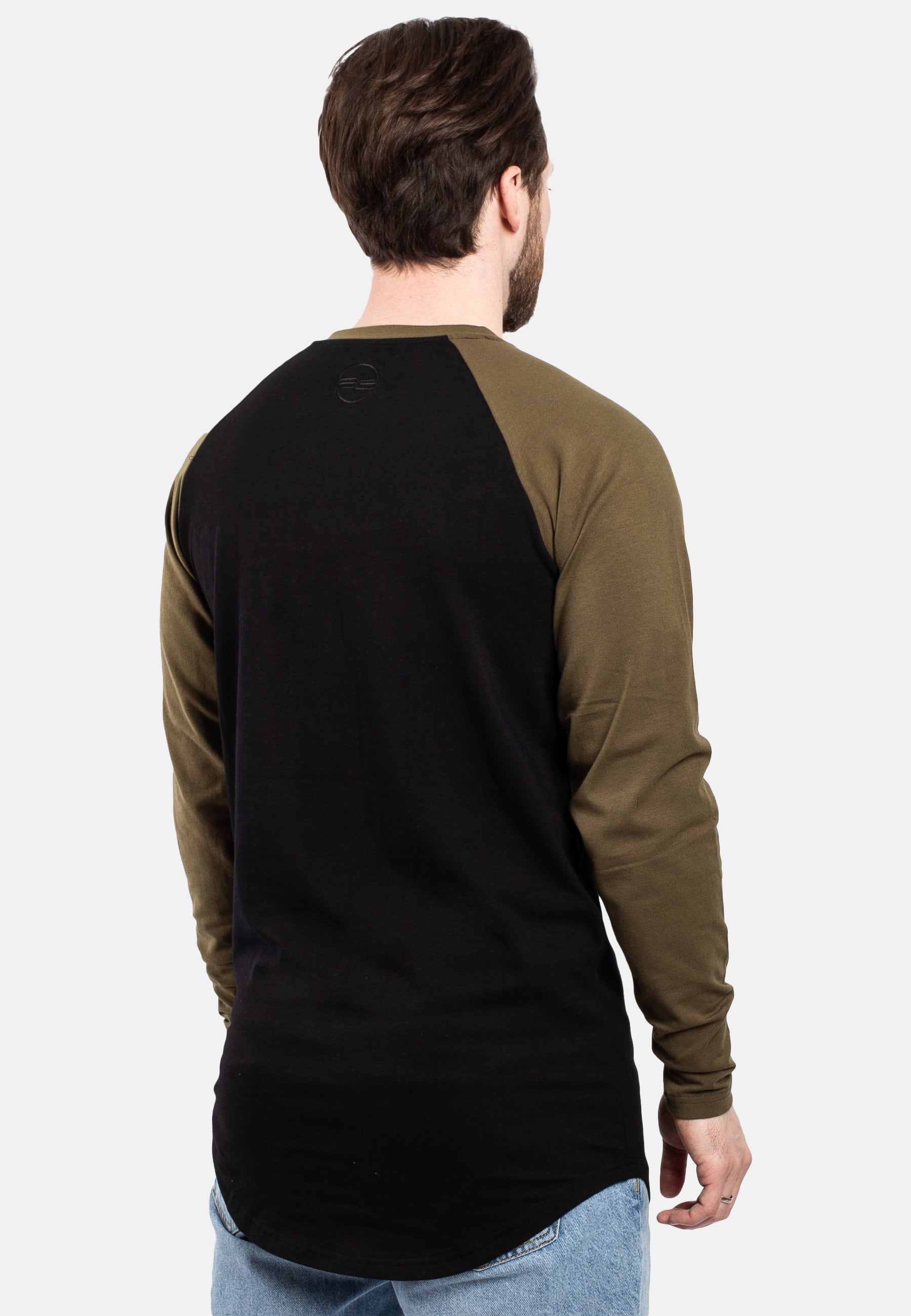 Blackskies-Longline-Baseball-Long-Sleeve-T-Shirt-Black-Olive-Mens-Long-Tee-Back-Raglan