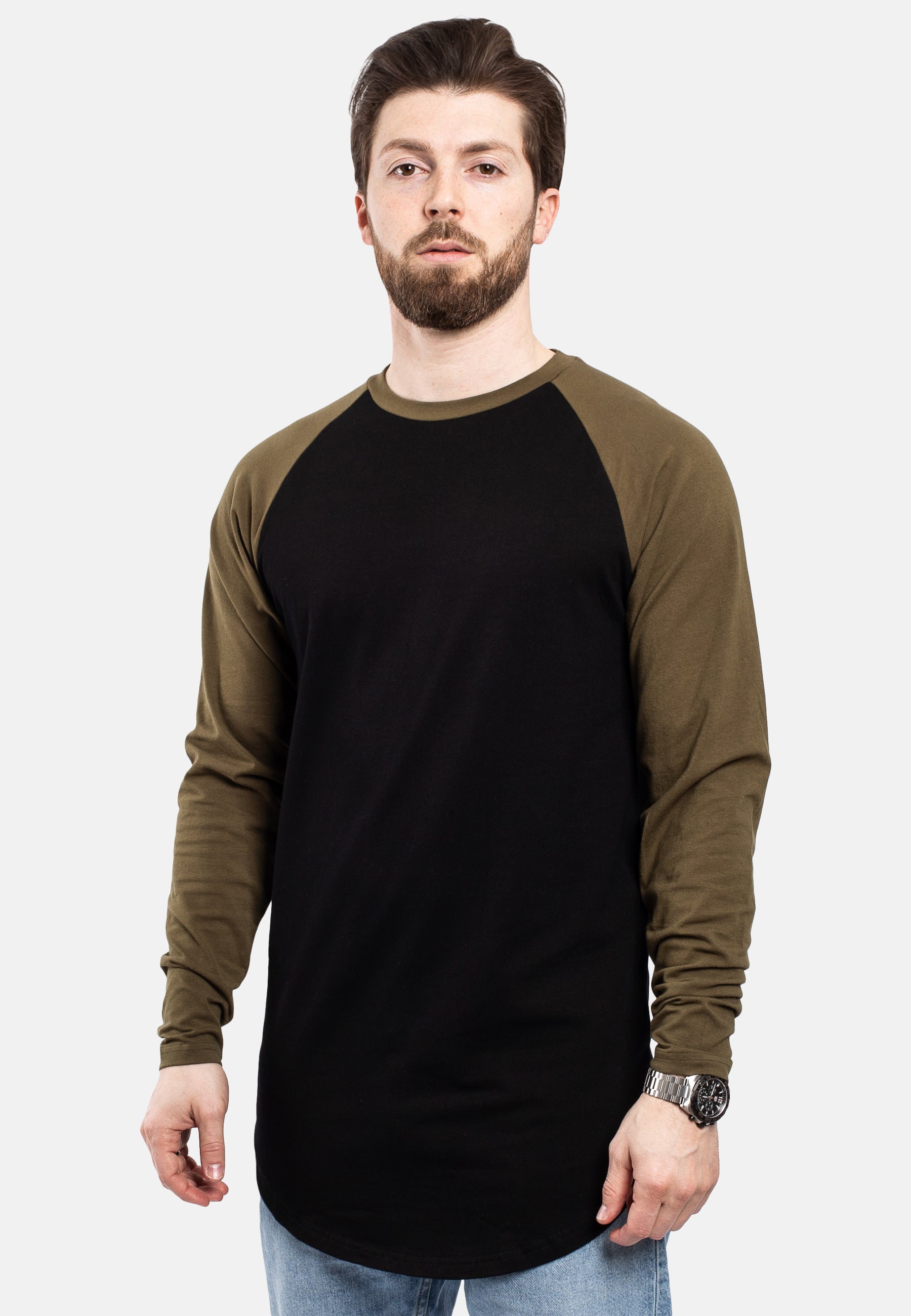 Blackskies-Longline-Baseball-Long-Sleeve-T-Shirt-Black-Olive-Mens-Long-Tee-Curved-Side