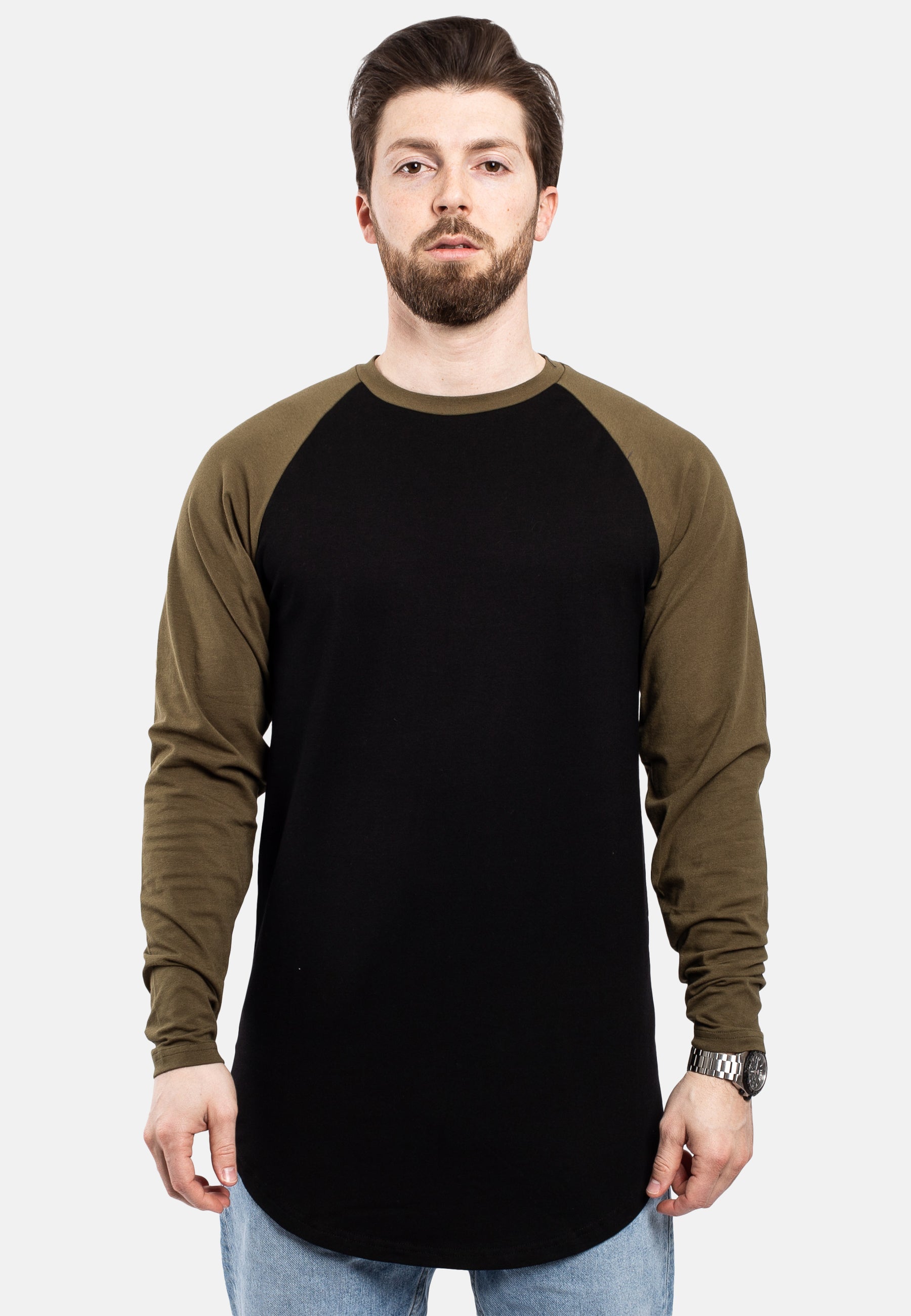 Blackskies-Longline-Baseball-Long-Sleeve-T-Shirt-Black-Olive-Mens-Long-Tee-Front