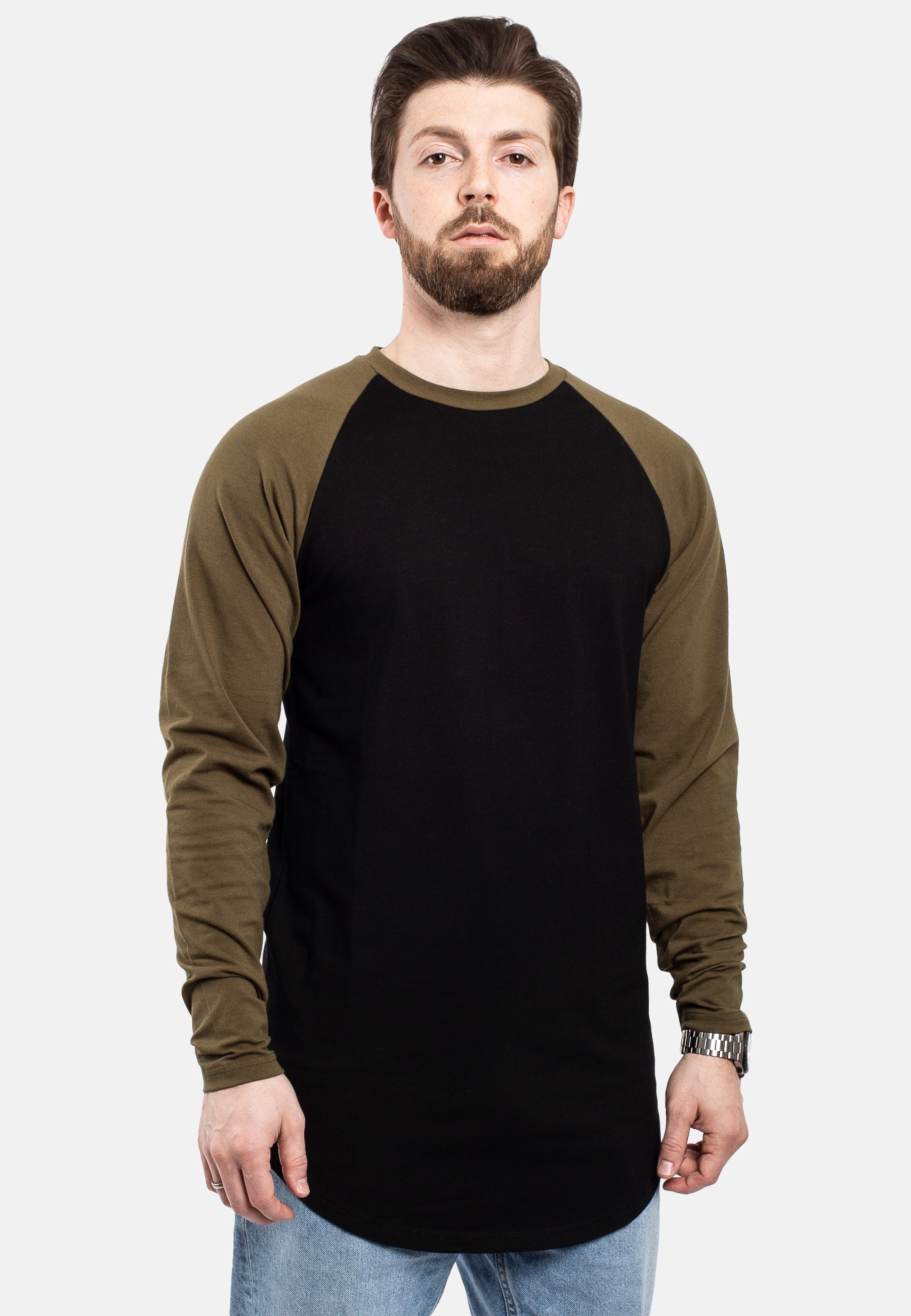 Blackskies-Longline-Baseball-Long-Sleeve-T-Shirt-Black-Olive-Mens-Long-Tee-Pose