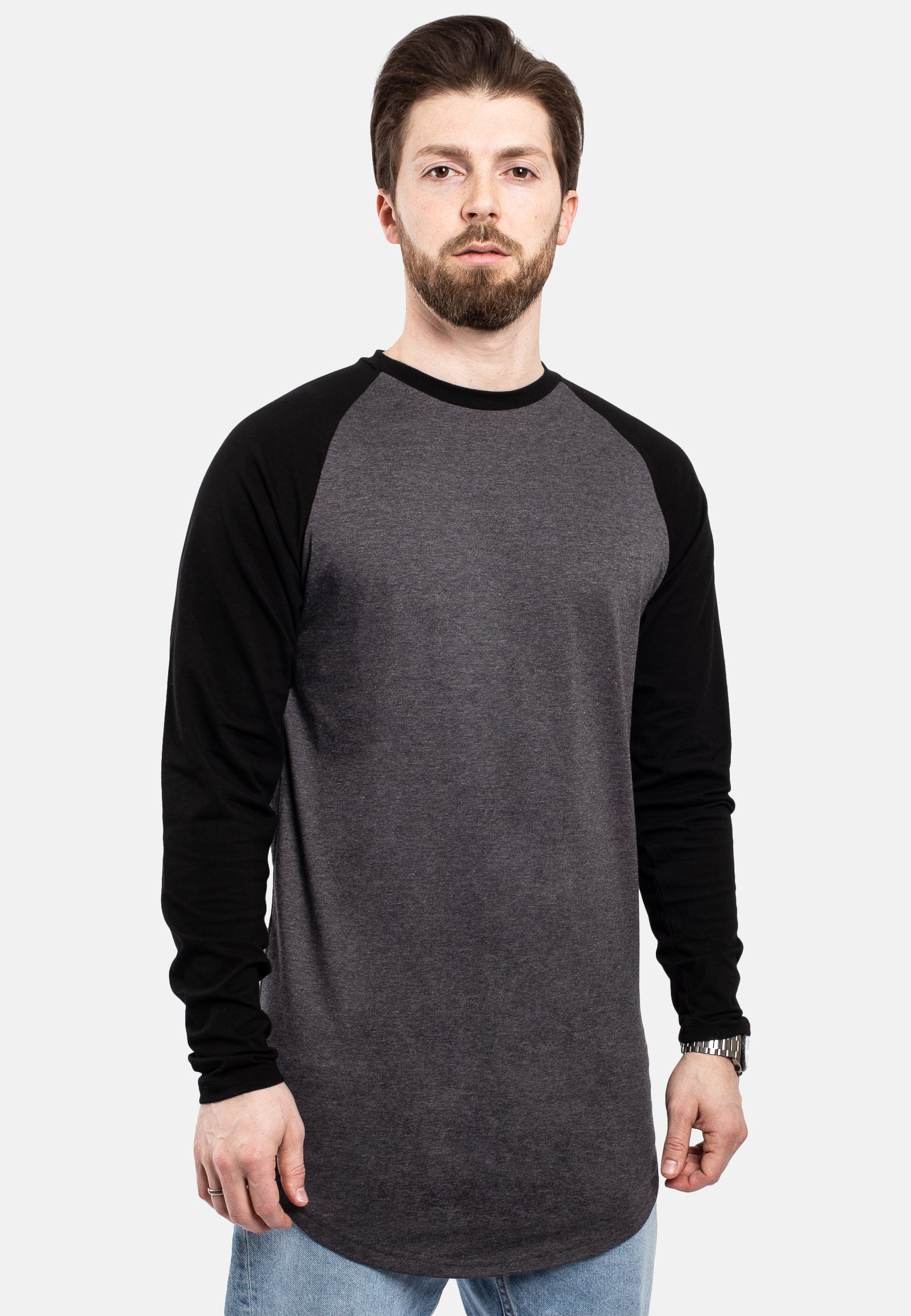 Blackskies-Longline-Baseball-Long-Sleeve-T-Shirt-Charcoal-Black-Long-Tee-Mens-Curved-Pose
