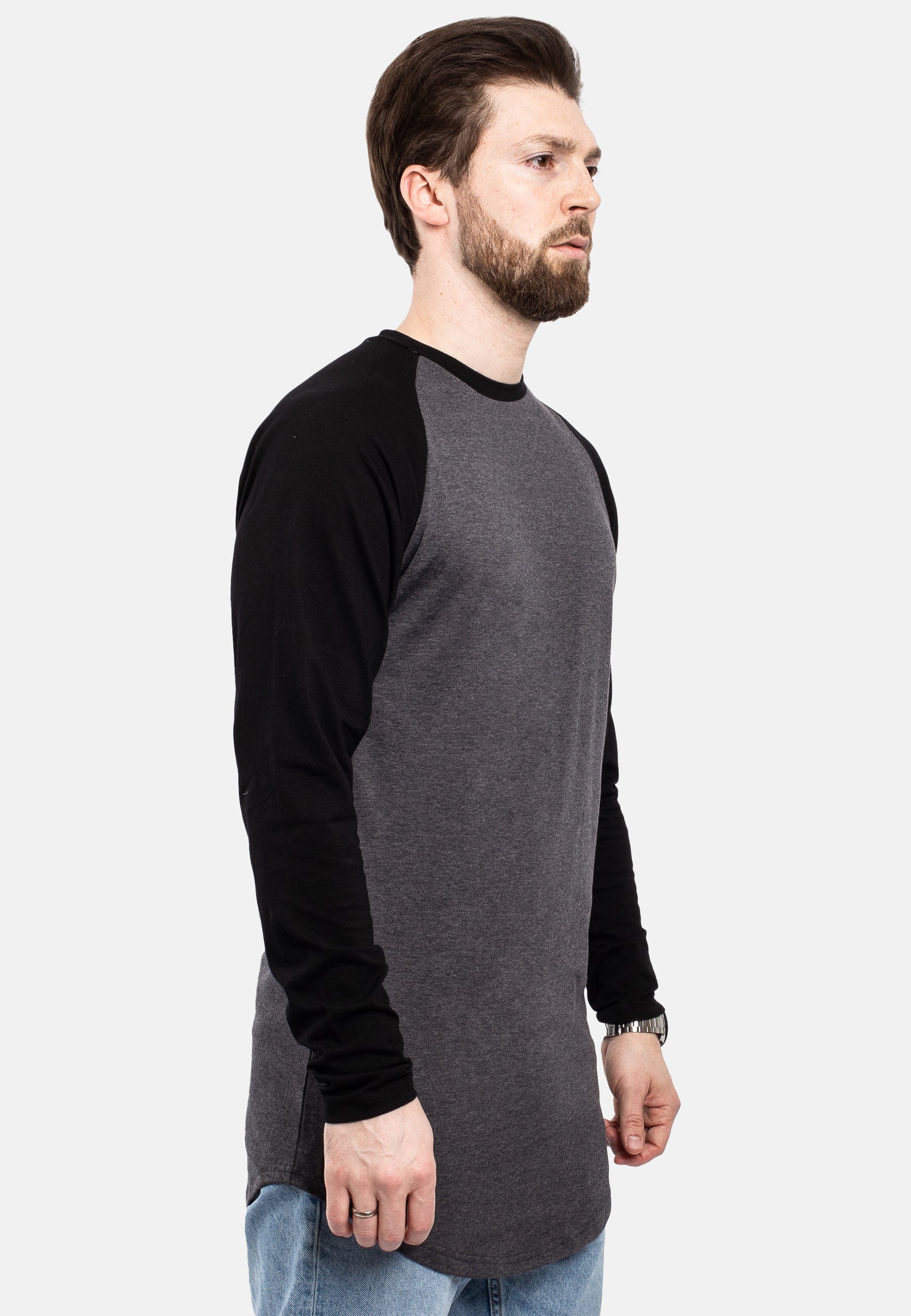 Blackskies-Longline-Baseball-Long-Sleeve-T-Shirt-Charcoal-Black-Long-Tee-Mens-Curved-Raglan-Side