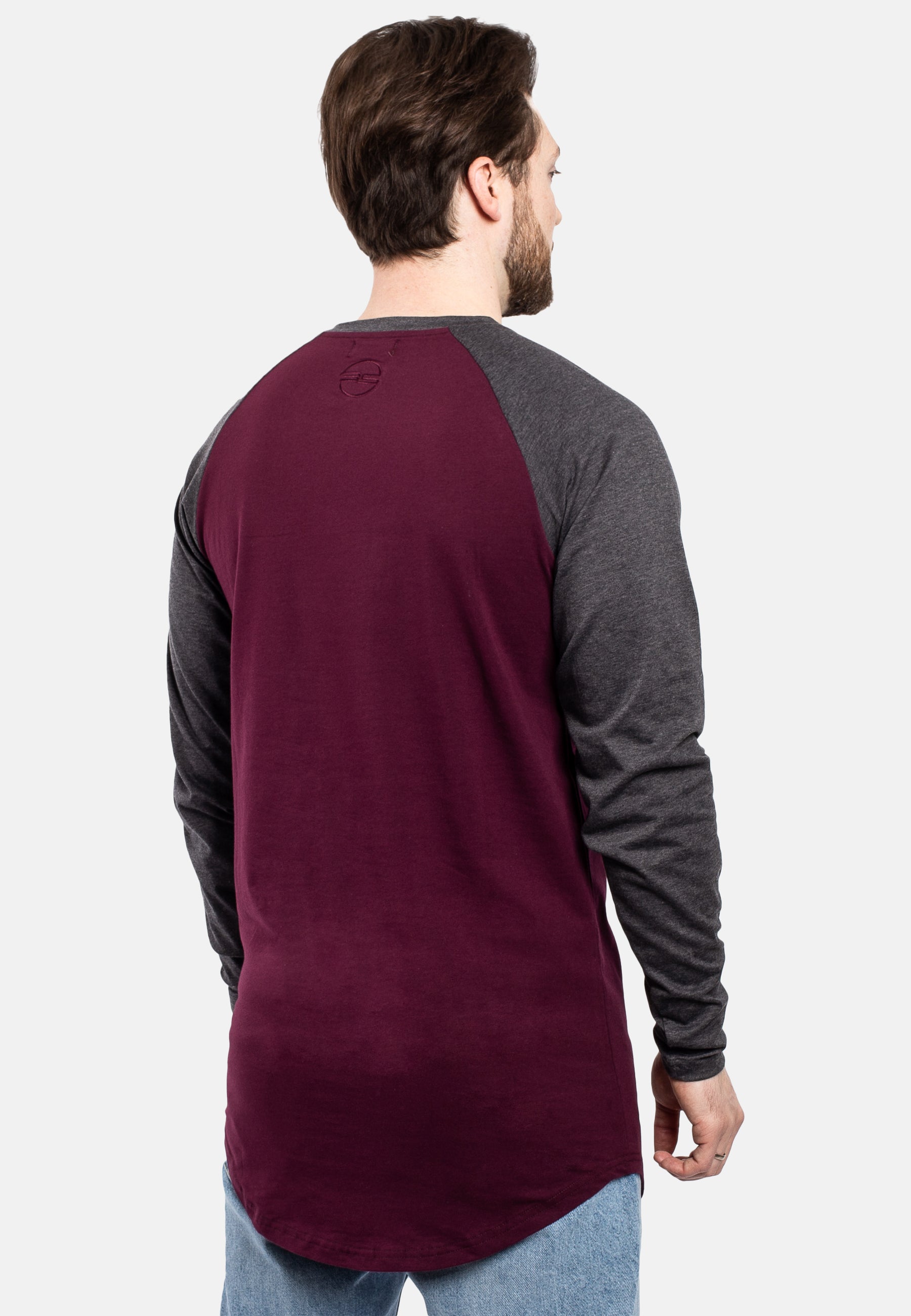 Blackskies-Longline-Baseball-Long-Sleeve-T-Shirt-Maroon-Charcoal-Mens-Long-Tee-Back-Side