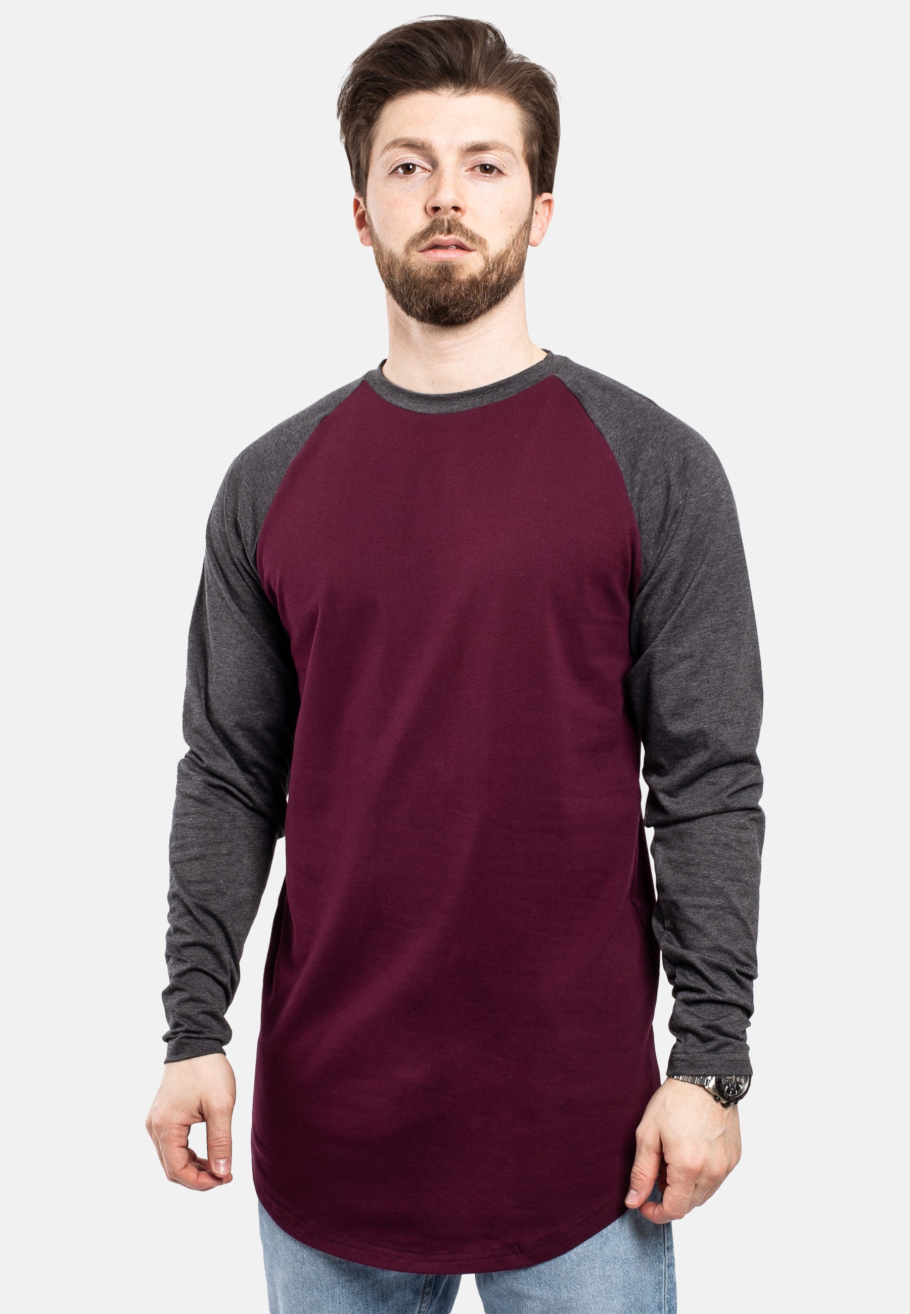 Blackskies-Longline-Baseball-Long-Sleeve-T-Shirt-Maroon-Charcoal-Mens-Long-Tee-Curved