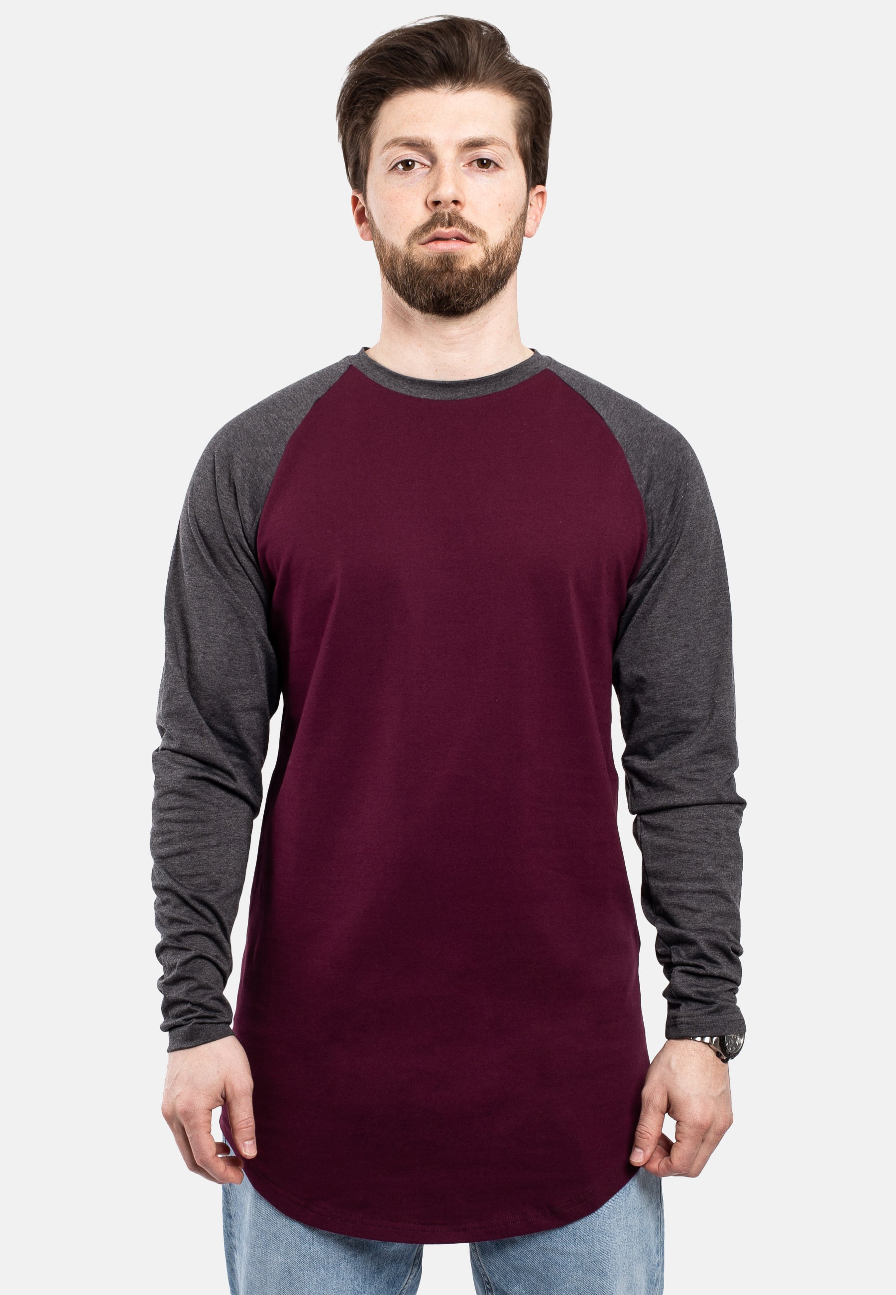 Blackskies-Longline-Baseball-Long-Sleeve-T-Shirt-Maroon-Charcoal-Mens-Long-Tee-Front-2