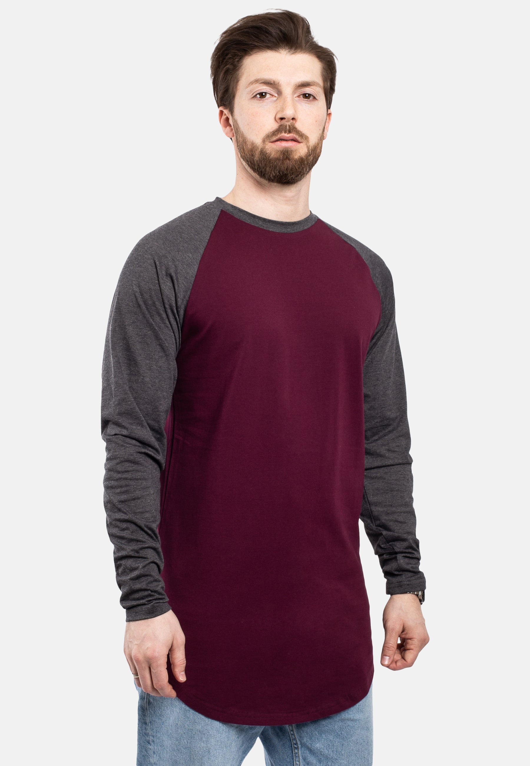 Blackskies-Longline-Baseball-Long-Sleeve-T-Shirt-Maroon-Charcoal-Mens-Long-Tee-Pose