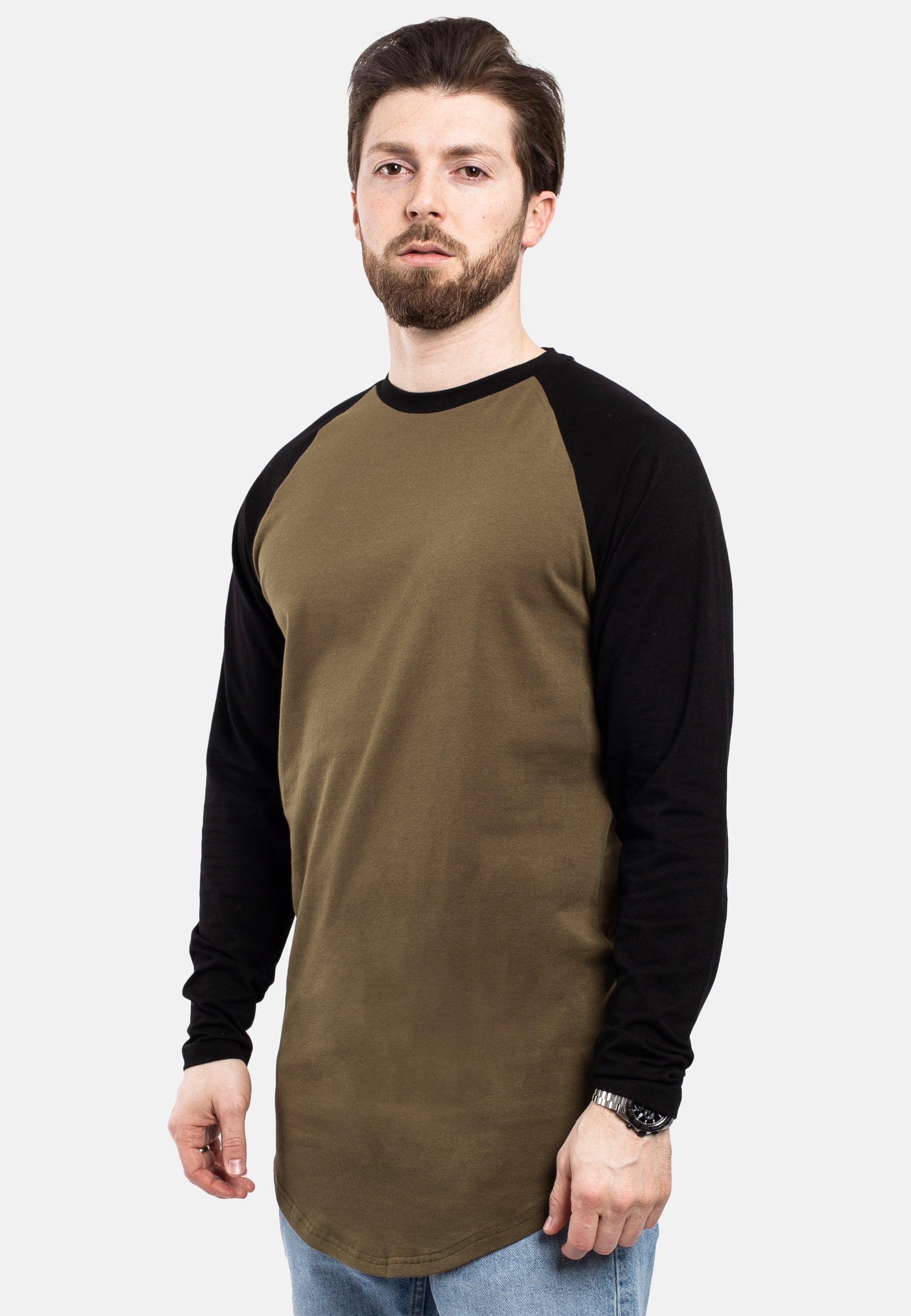 Blackskies-Longline-Baseball-Long-Sleeve-T-Shirt-Olive-Black-Mens-Long-Tee-Curved-Side