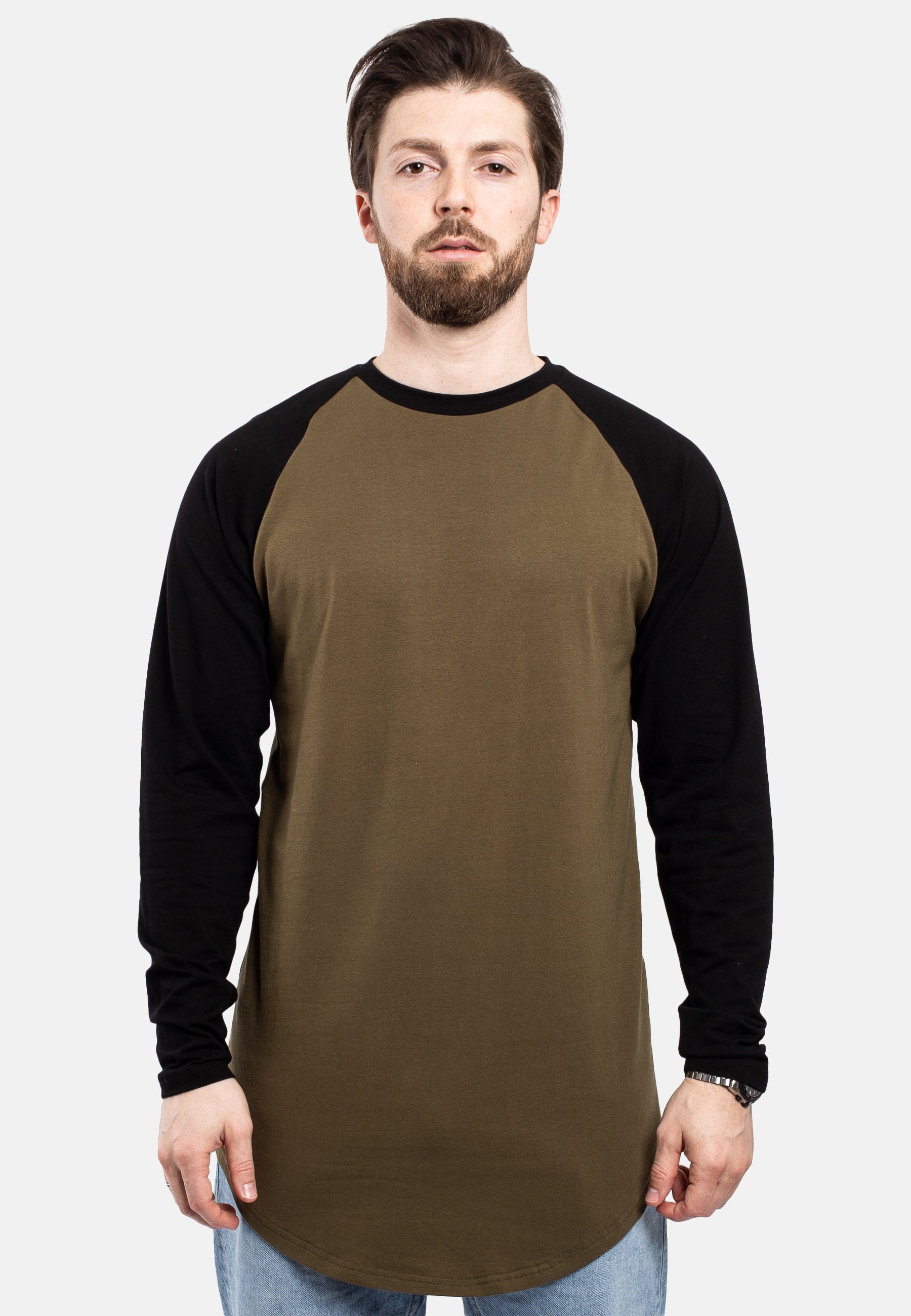 Blackskies-Longline-Baseball-Long-Sleeve-T-Shirt-Olive-Black-Mens-Long-Tee-Front-2